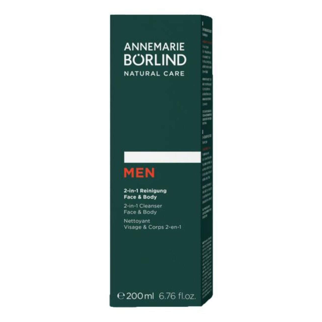 Weiße Tube mit "ANNEMARIE BÖRLIND MEN 2-in-1 Reinigung Face & Body". Rote Schrift. 200 ml.