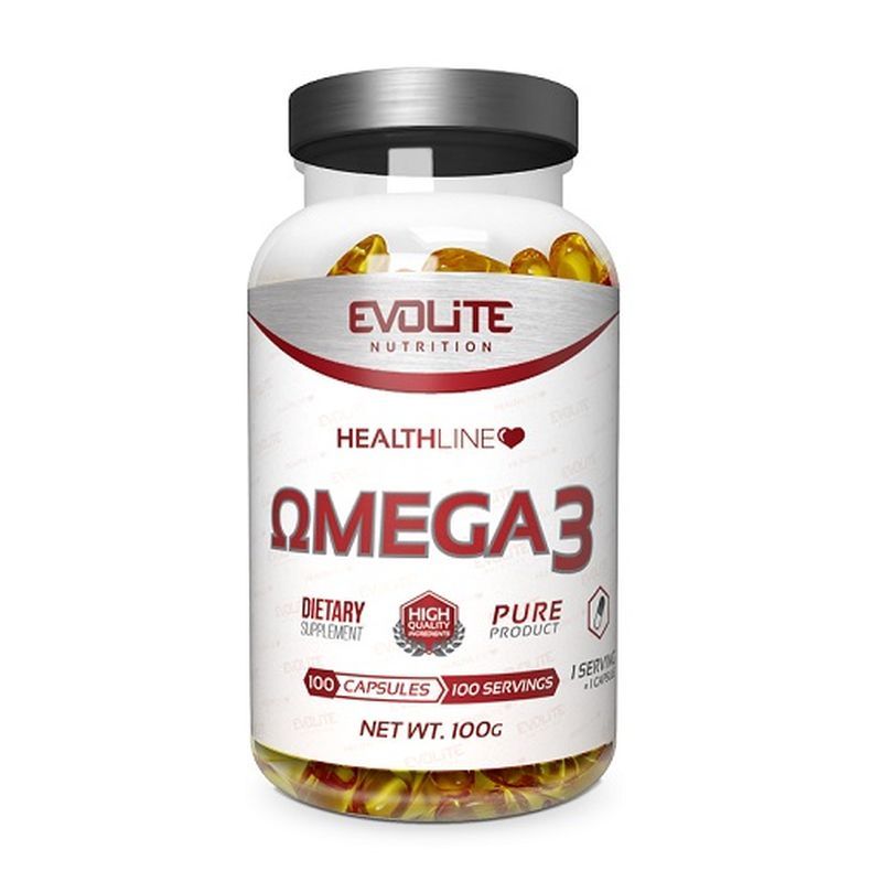 Eine Flasche mit Omega 3 Kapseln. Aufschrift: Evolite Nutrition, Healthline, Omega 3, Dietary Supplement, 100 Kapseln, Netto 100g.