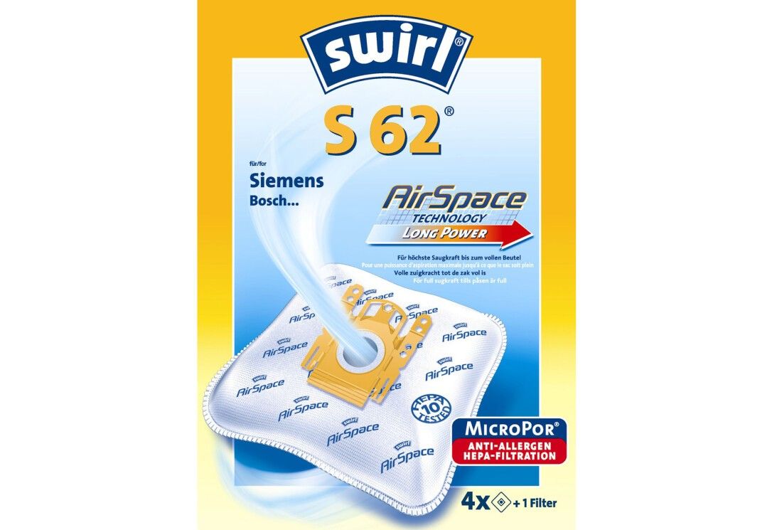 Verpackung mit Staubsaugerbeuteln. Aufschrift: Swirl S 62 AirSpace, MicroPor Anti-Allergen HEPA-Filtration. Enthält 4 Beutel + 1 Filter.