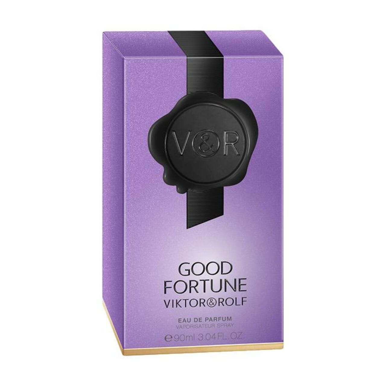 Lila Schachtel mit schwarzem Siegel. Aufschrift: Good Fortune, Viktor & Rolf. Verpackung.