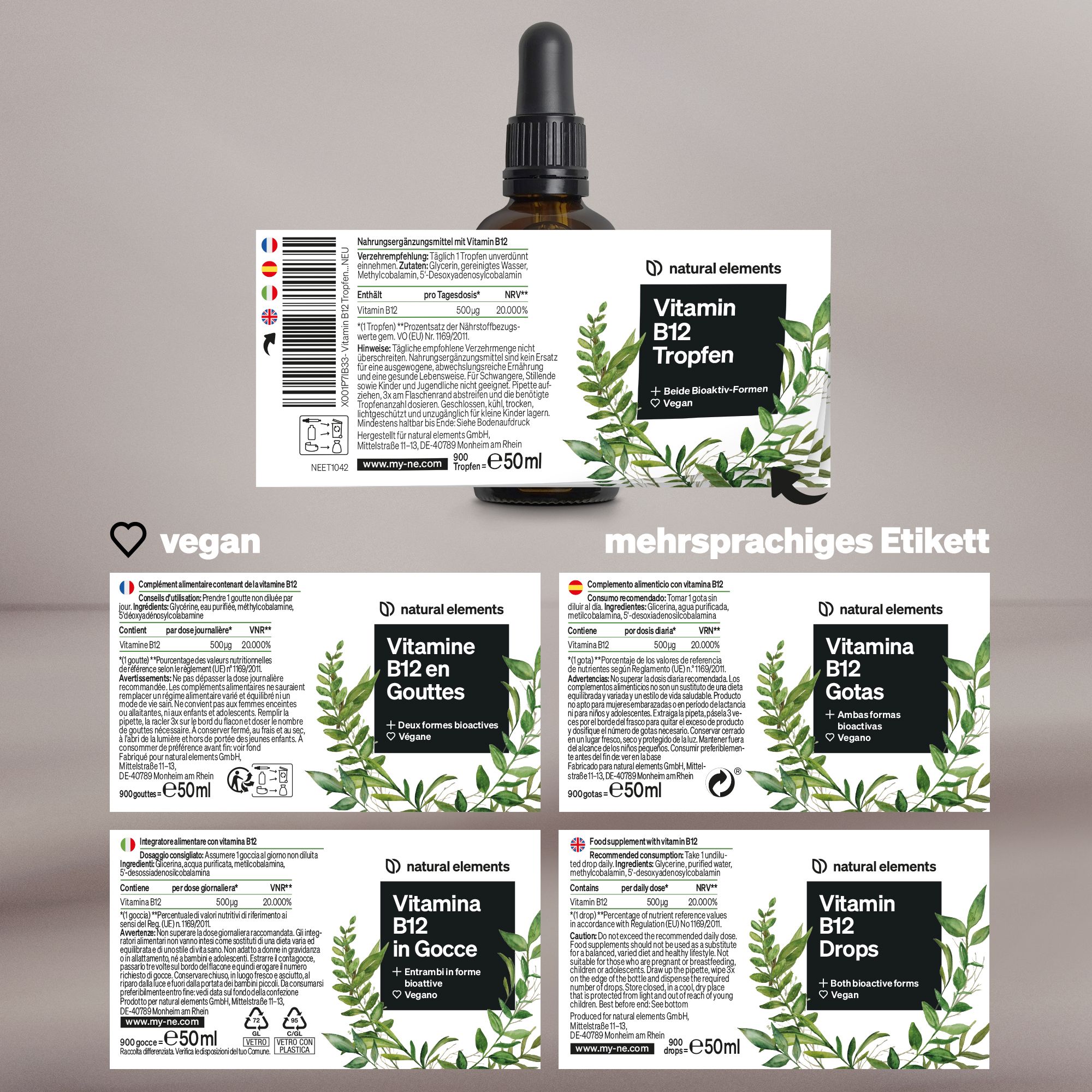 Produktetikett mit mehrsprachigen Versionen. Enthält Informationen in Deutsch, Englisch, Französisch, Italienisch, Spanisch und Niederländisch.