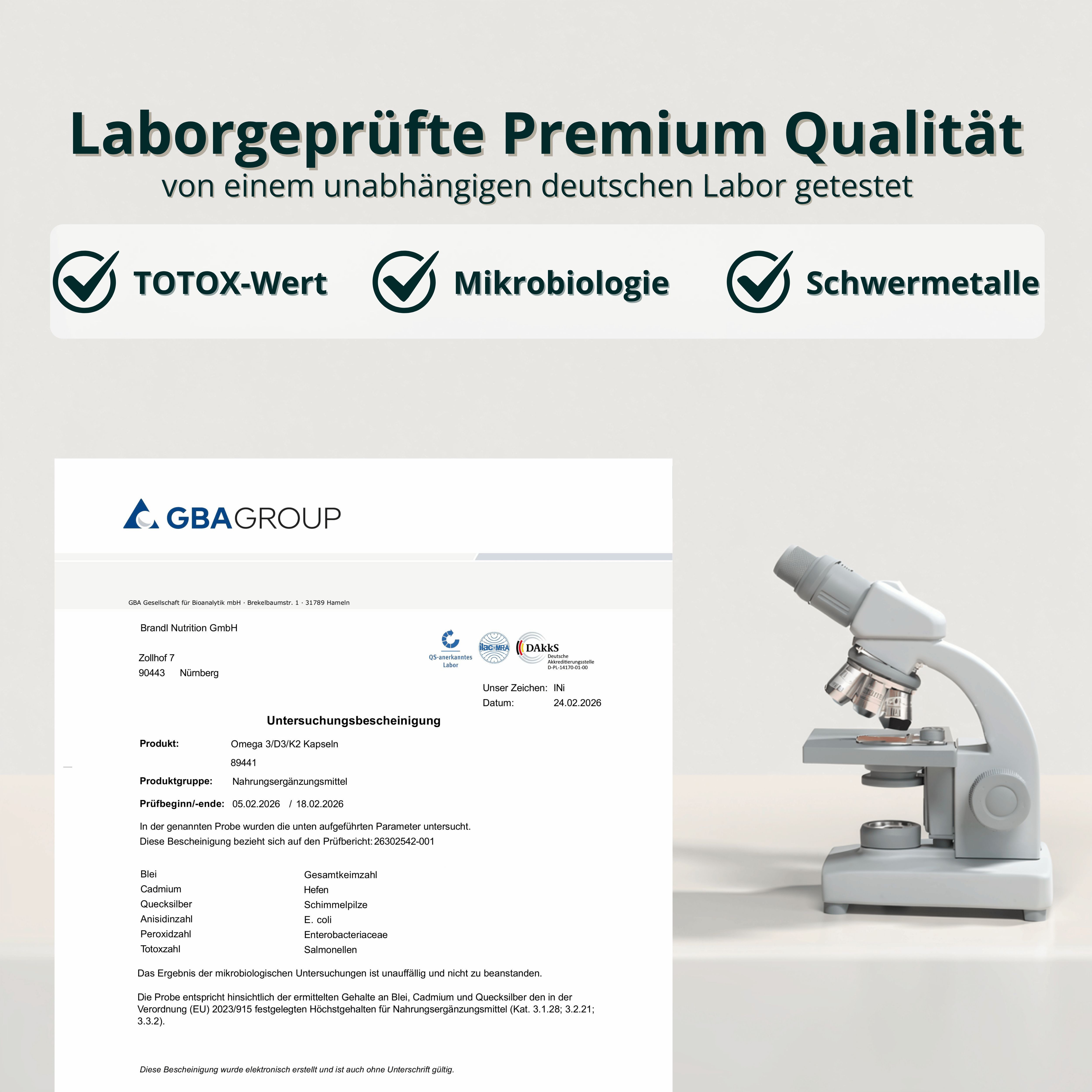Laborbericht und Mikroskop. Text: "Laborgeprüfte Premium Qualität". GBA Group. Produkt: Omega 3/D3/K2 Kapseln.