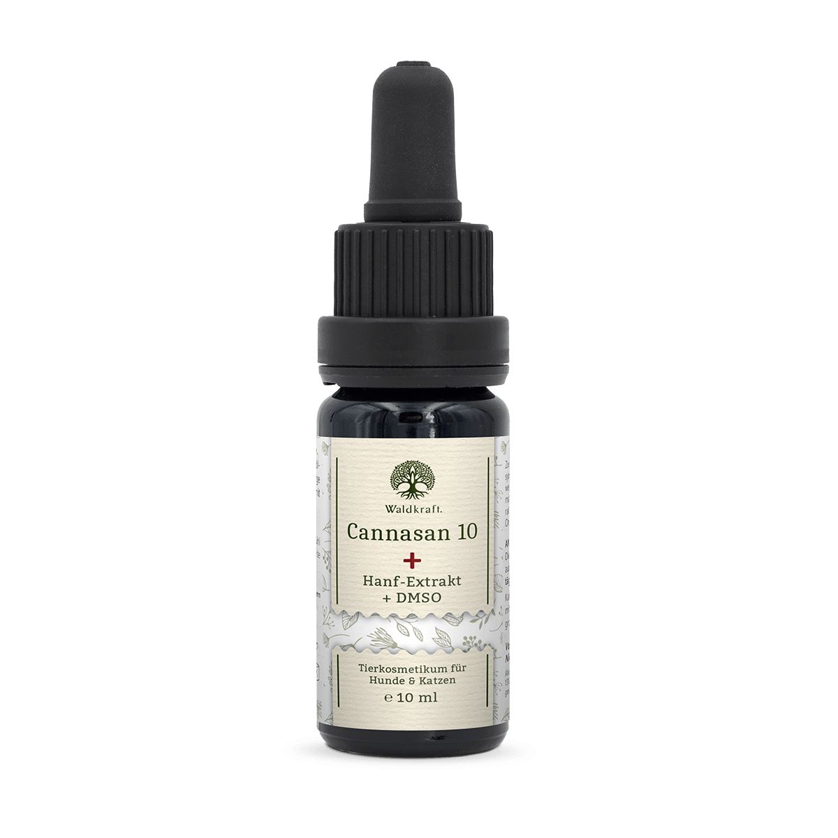 Braune Glasflasche mit schwarzem Deckel und Pipette. Aufschrift: Cannasan 10, Hanf-Extrakt + DMSO, 10 ml.