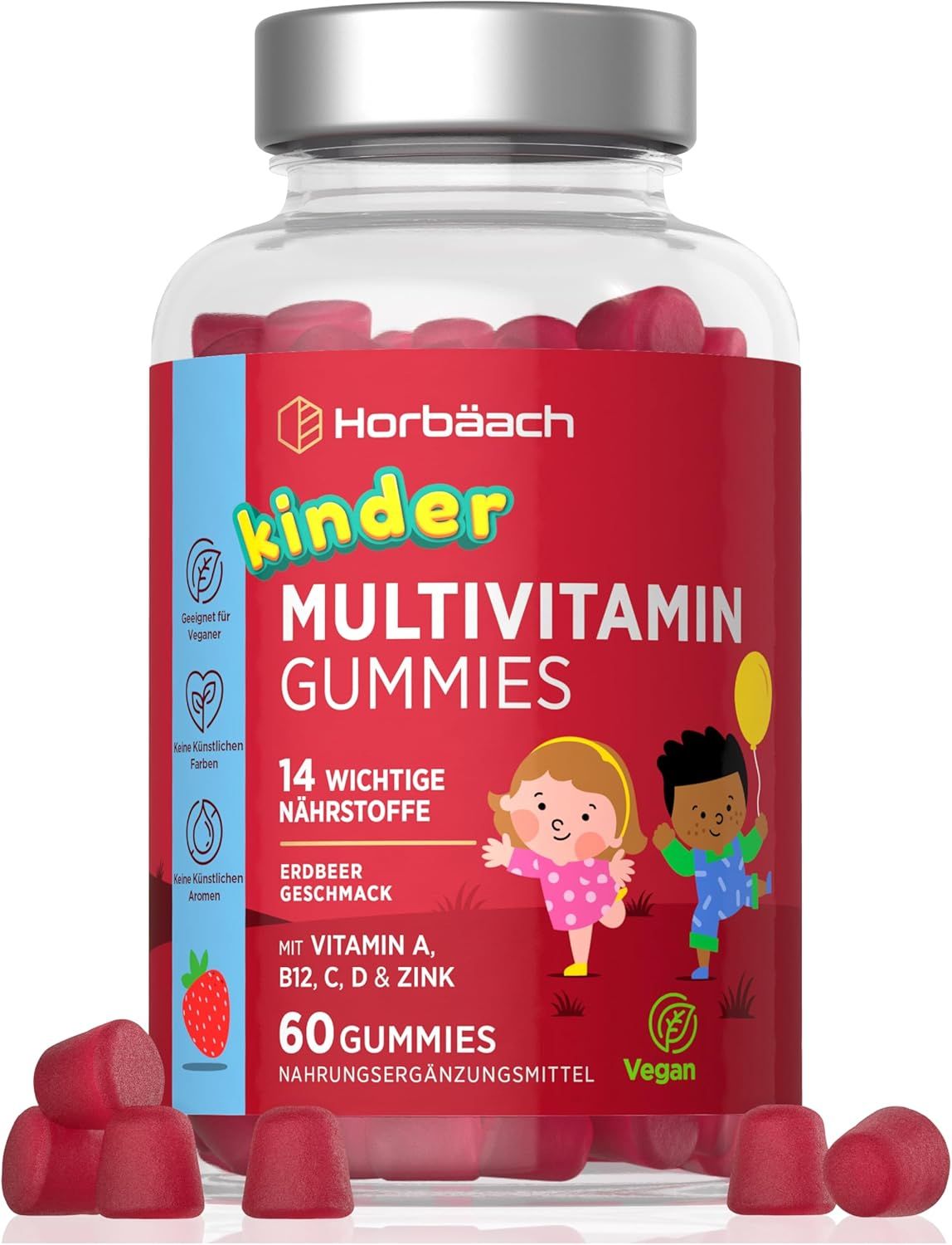 Glasflasche mit roten Gummibärchen. Aufschrift: Horbäach Kinder Multivitamin Gummies. 60 Gummies, Erdbeergeschmack, Vegan.