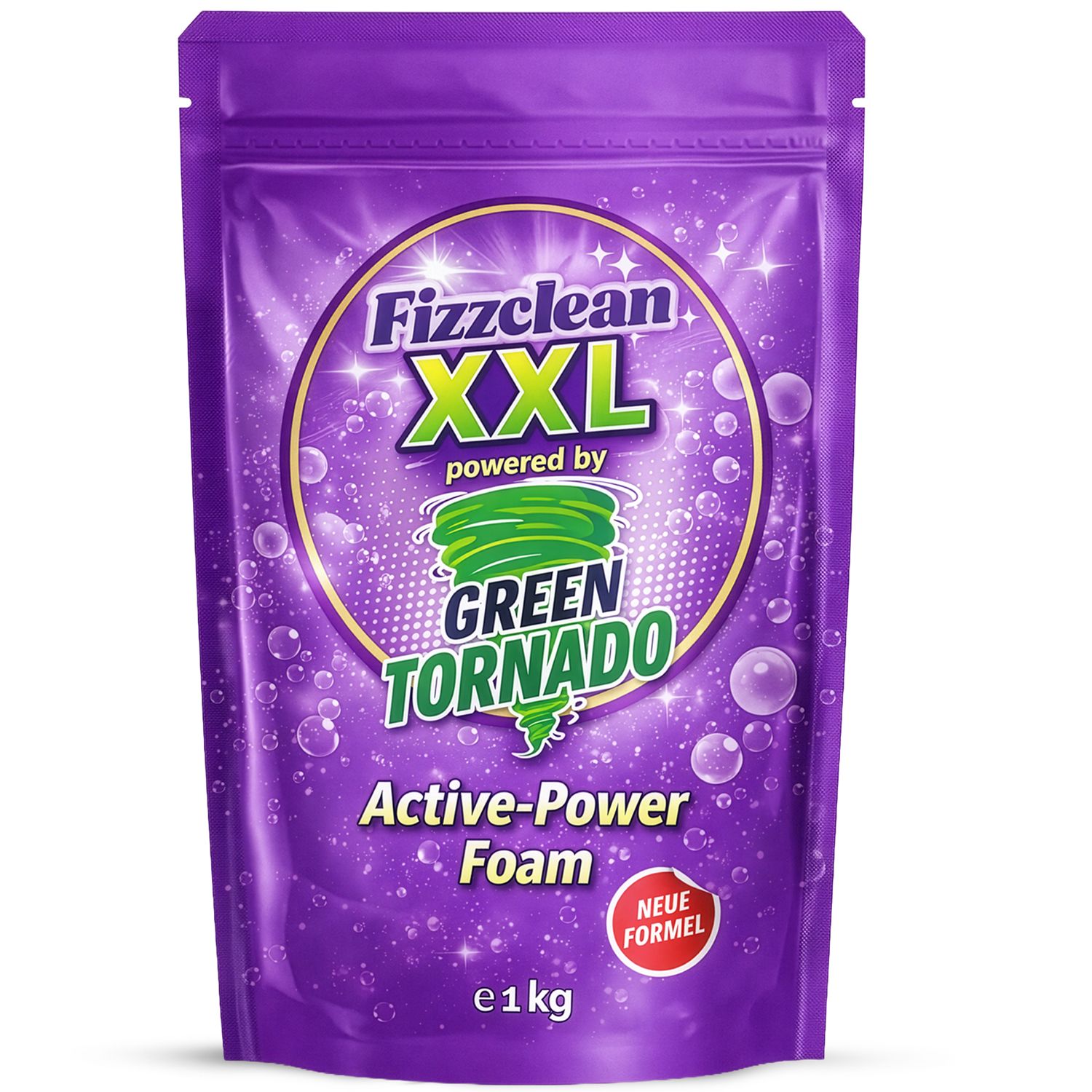 Lila Beutel Green Tornado Active Power Foam. Text: Fizzclean XXL, Green Tornado, Active-Power Foam, e 1 kg, Neue Formel.