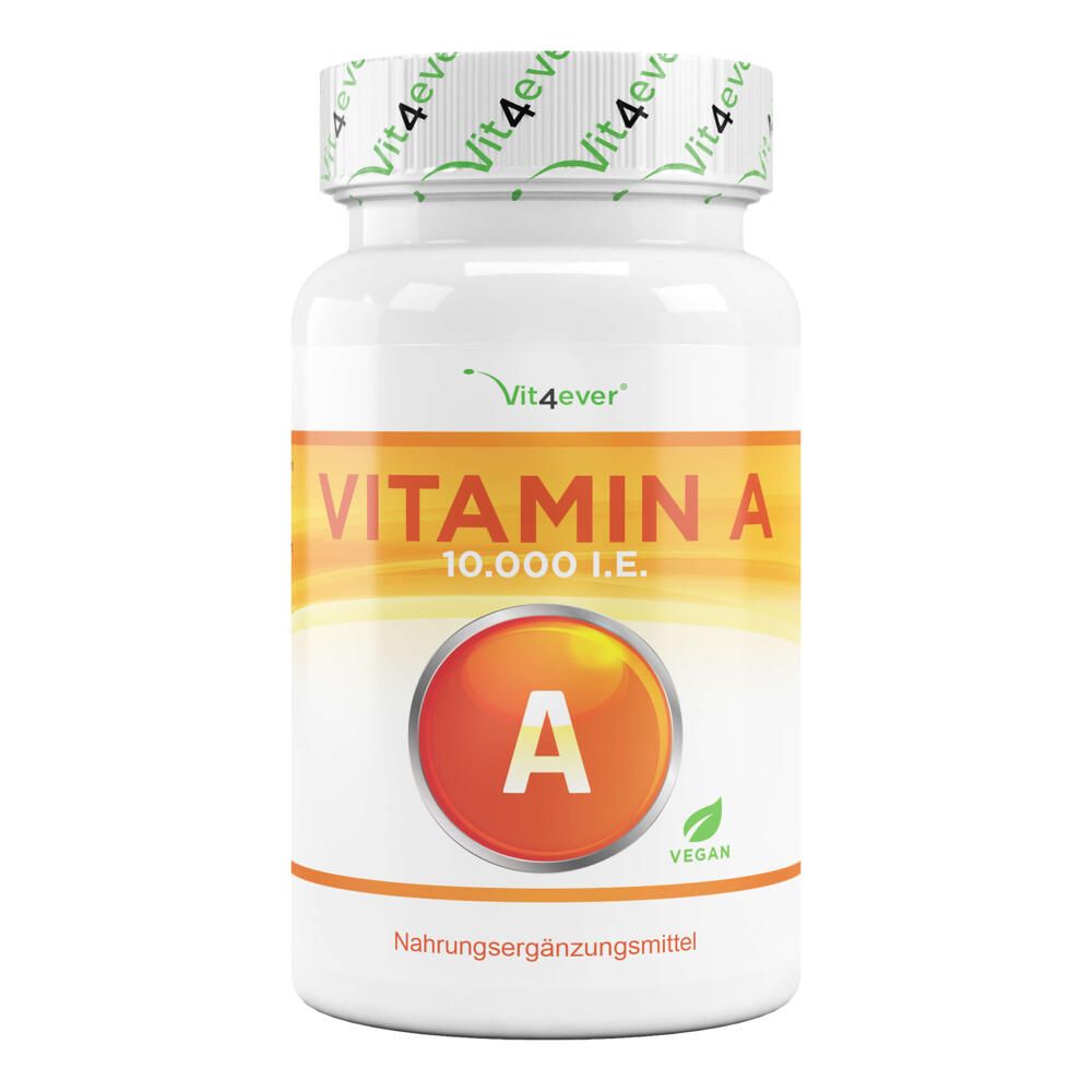 Weiße Flasche mit Vitamin A Tabletten. Orangefarbenes Etikett mit weißem Text. Vegan-Siegel.