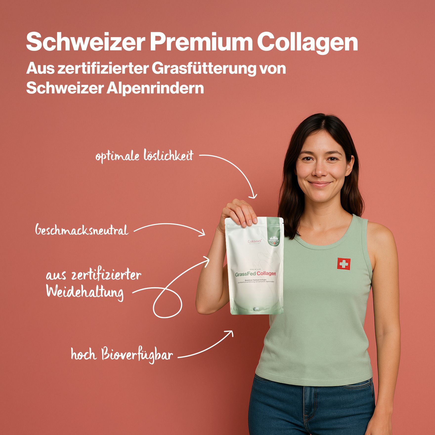 Frau hält Packung "Grassfed Collagen". Beschriftungen: "optimale Löslichkeit", "Geschmacksneutral", "zertifizierter Weidehaltung", "hoch Bioverfügbar".