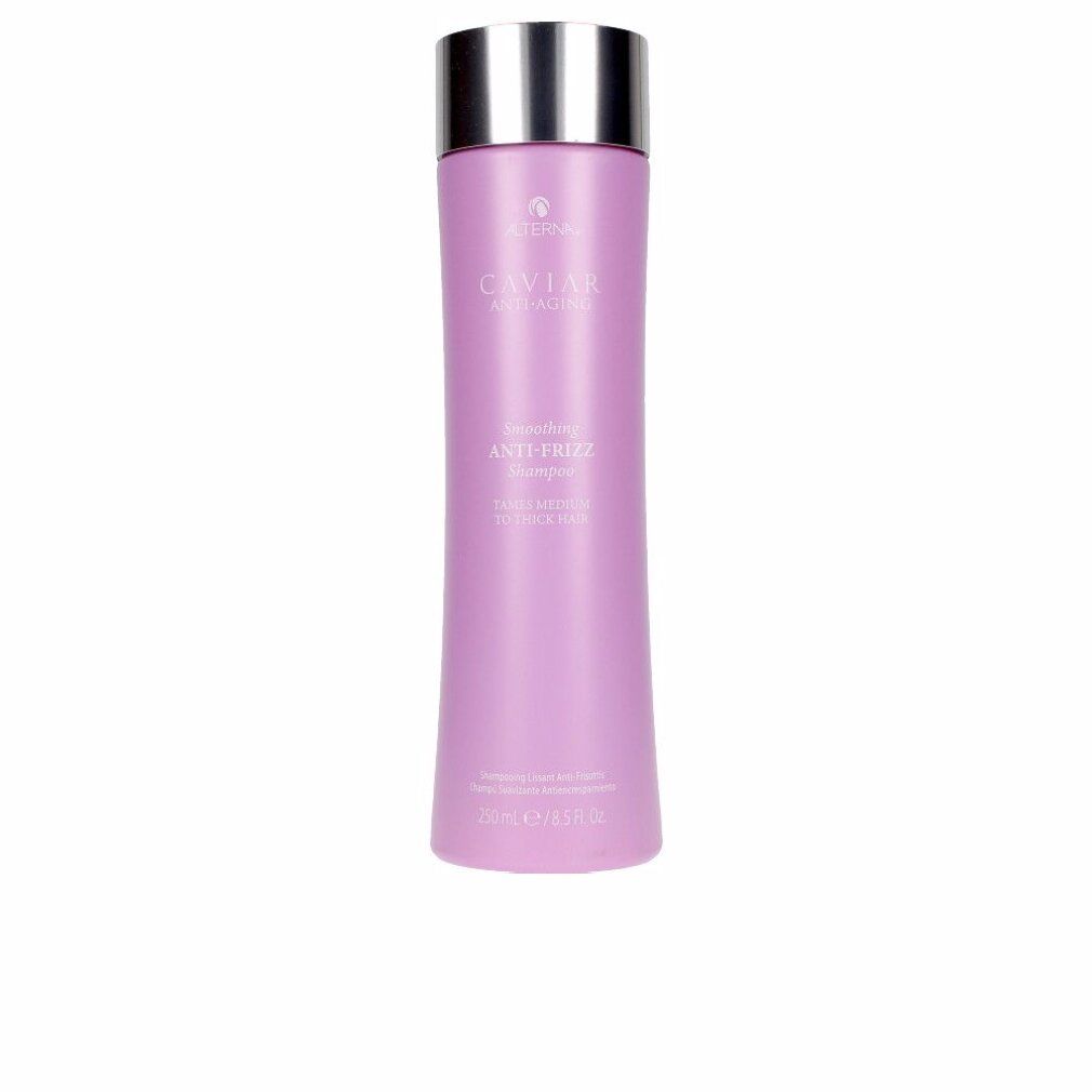 Lila Flasche Alterna Caviar Smoothing Anti-Frizz Shampoo mit silbernem Deckel.