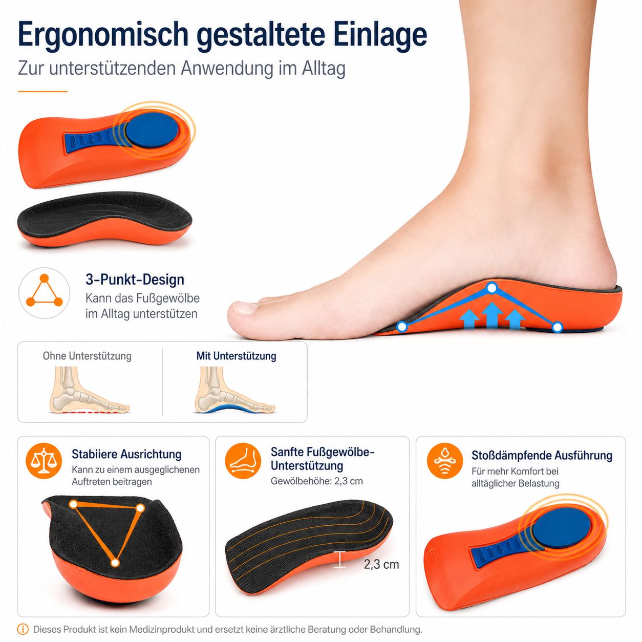 Ergonomische Einlage mit 3-Punkt-Design für Fußgewölbe-Unterstützung, stoßdämpfend.