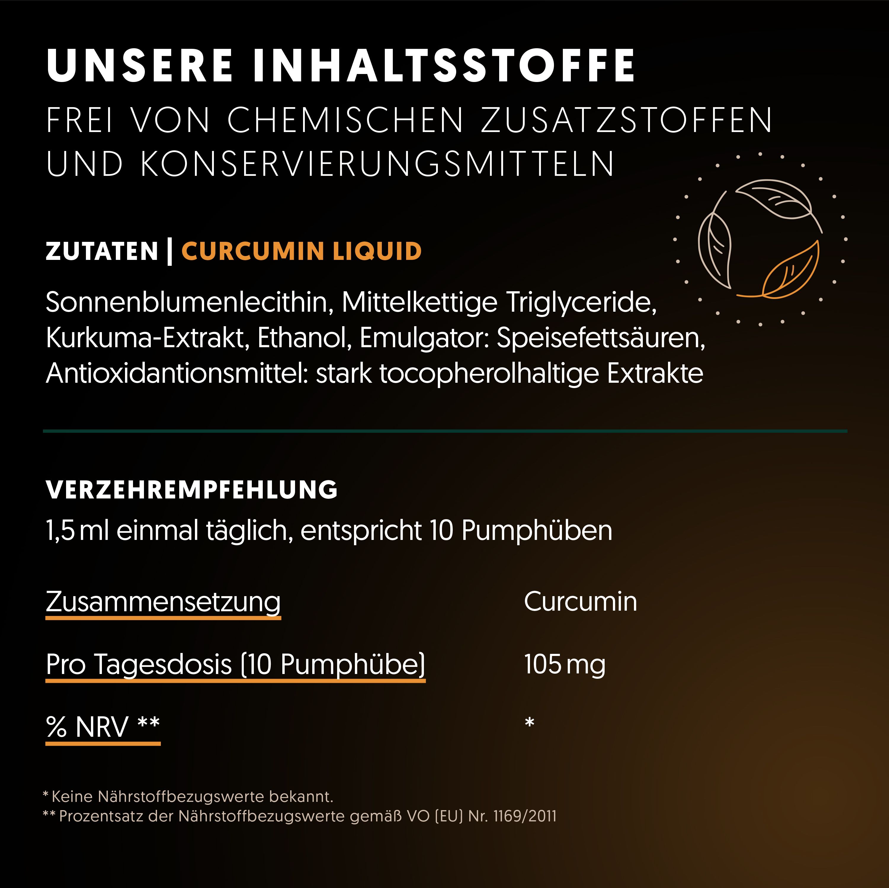 Zutatenliste und Verzehrempfehlung für Curcumin Liquid. 1,5 ml täglich, entspricht 10 Pumpstößen. Zusammensetzung: Curcumin, 105 mg.