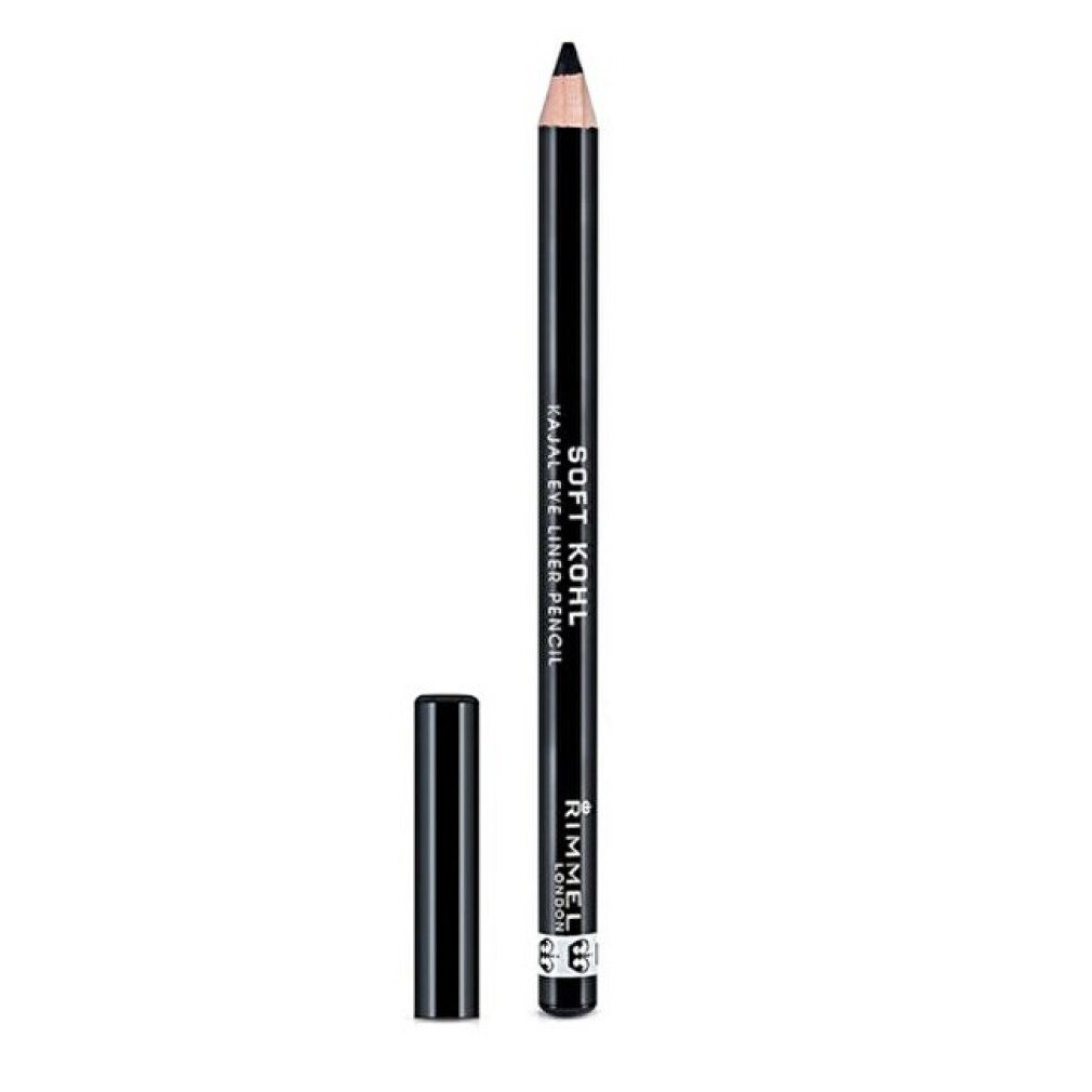 Schwarzer Kajalstift mit abgenommener Kappe. Aufschrift: Soft Khol Kajal Eye Liner Pencil. Marke: Rimmel London.