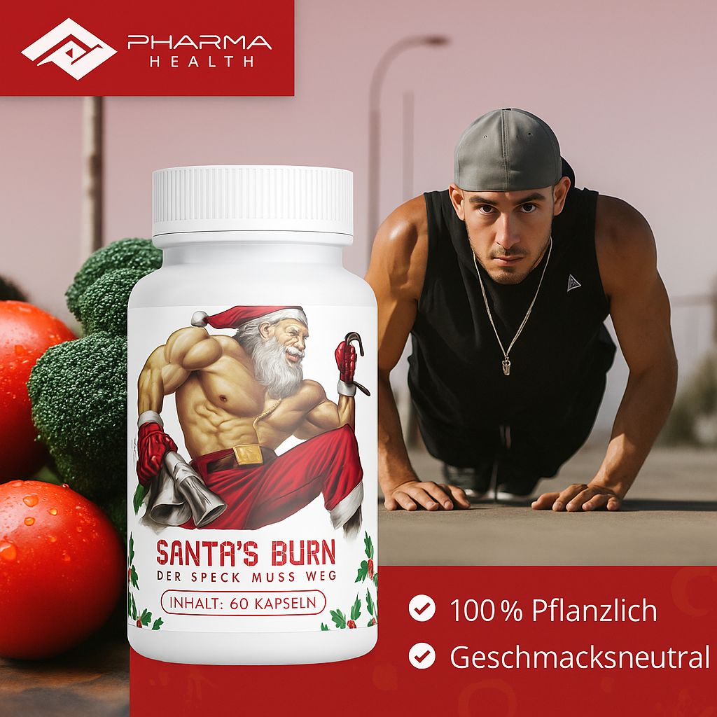 Weiße Flasche Santa's Burn neben einem Mann. Logo Pharma Health. Text: 100% pflanzlich, geschmacksneutral, 60 Kapseln.