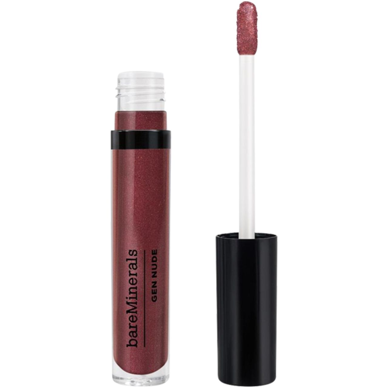 Geöffnete Lippenlack-Tube mit Applikator. Schwarzer Deckel, weißer Stiel. Farbton: Rotbraun.