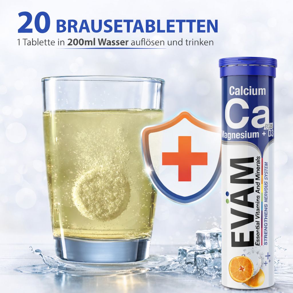Glas mit aufgelöster Brausetablette. Schutzschild mit Kreuz. Tube EVÄM Calcium + Magnesium + D3. 20 Brausetabletten.