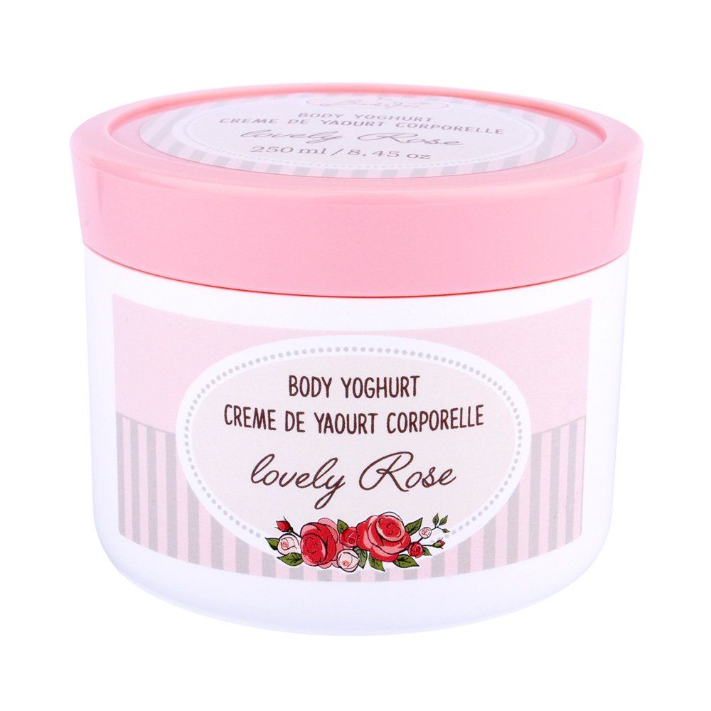 Weißer Tiegel mit rosa Deckel. Aufschrift: Body Yoghurt, Crème de Yaourt Corporelle, lovely Rose. Rosen-Dekoration.