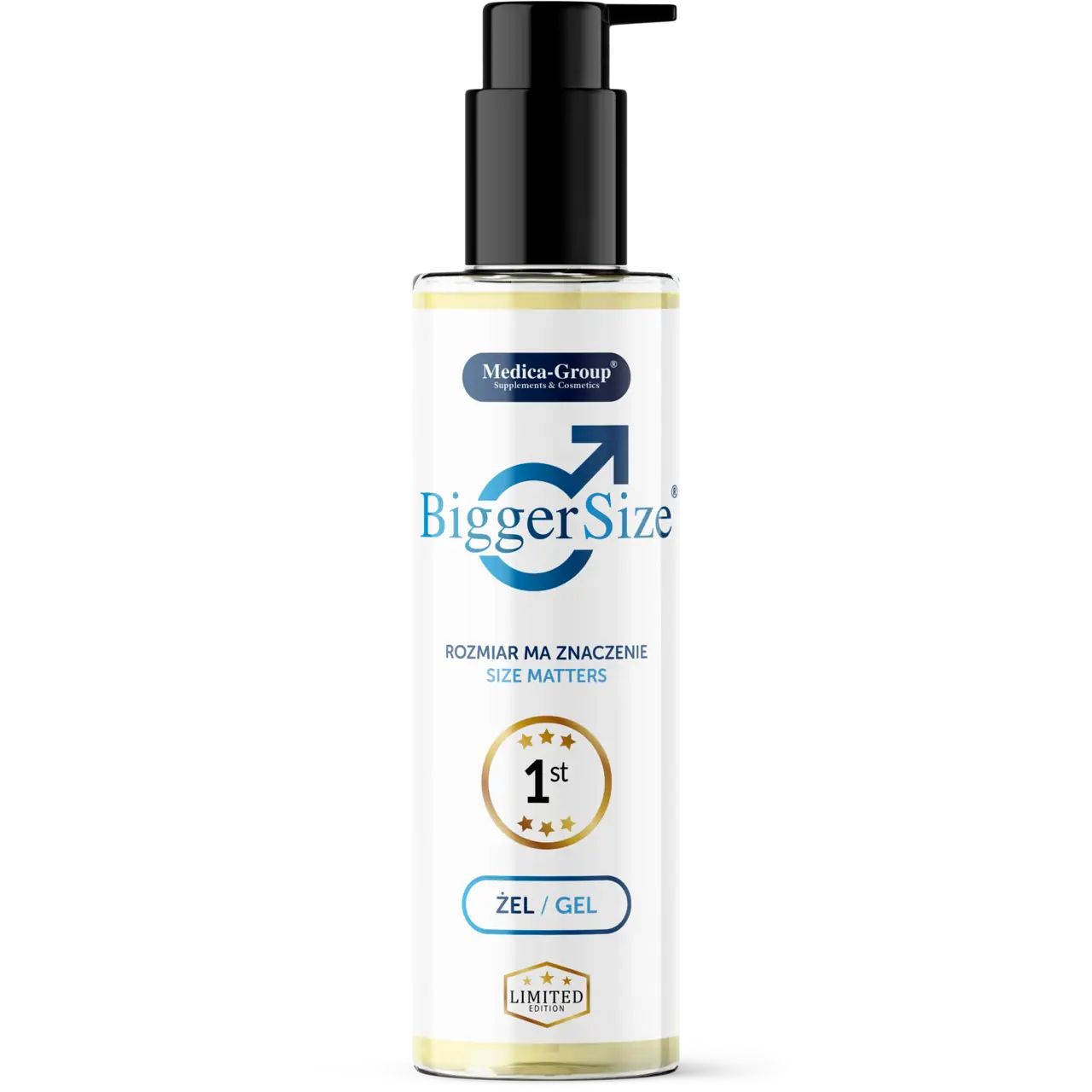 Gel-Flasche mit schwarzem Pumpverschluss. Aufschrift "BiggerSize", "Zel/Gel", "1st". Logo und Text auf dem Etikett.