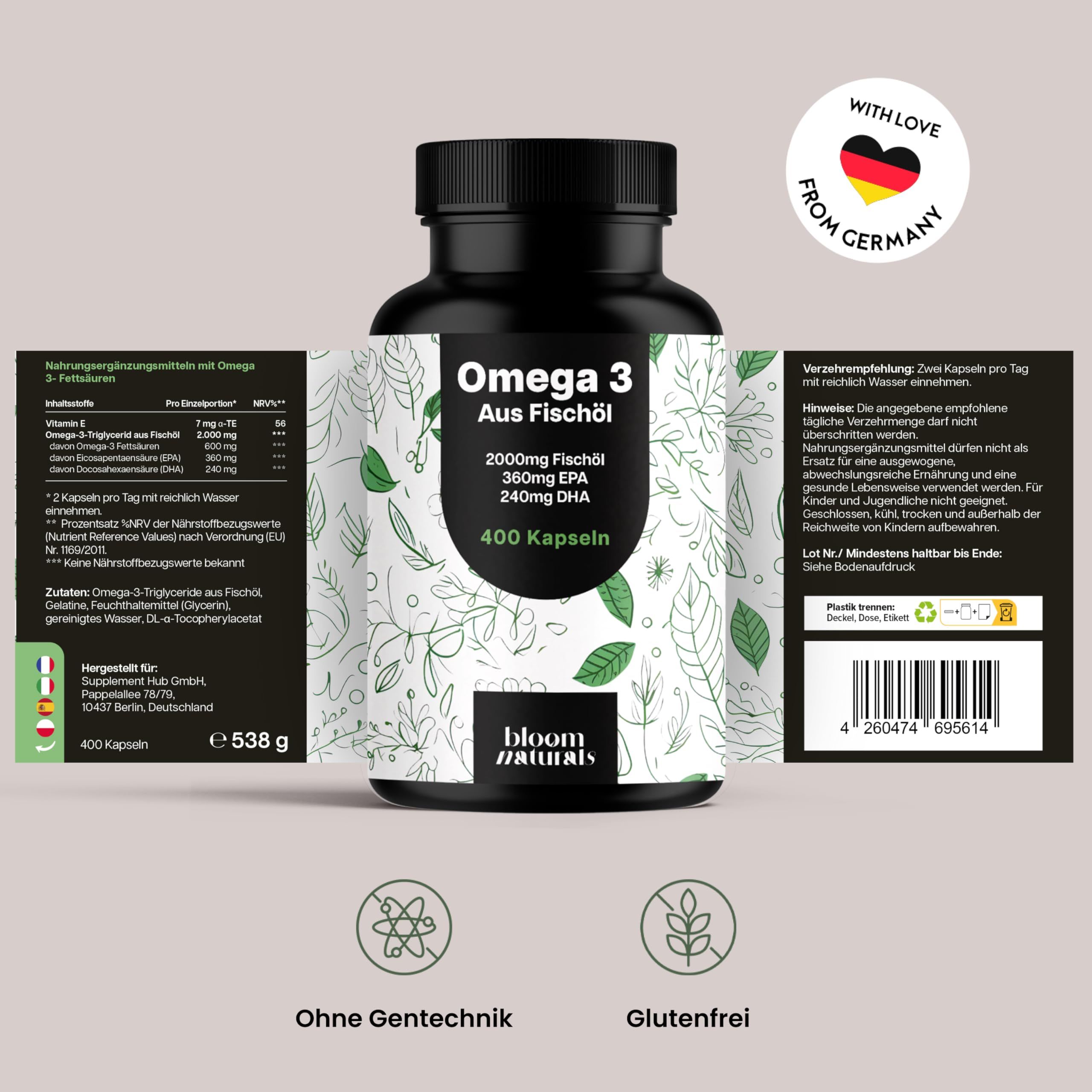 Omega 3 Fischöl Kapseln von Bloom Naturals, 400 Stück. Mit Informationen zu EPA und DHA.