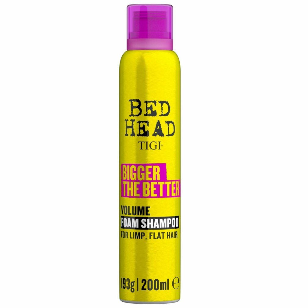 Gelbe Tigi Bed Head Volume Foam Shampoo Flasche mit lila Verschluss. Text: Bigger The Better, Volume Foam Shampoo, 193g/200ml.