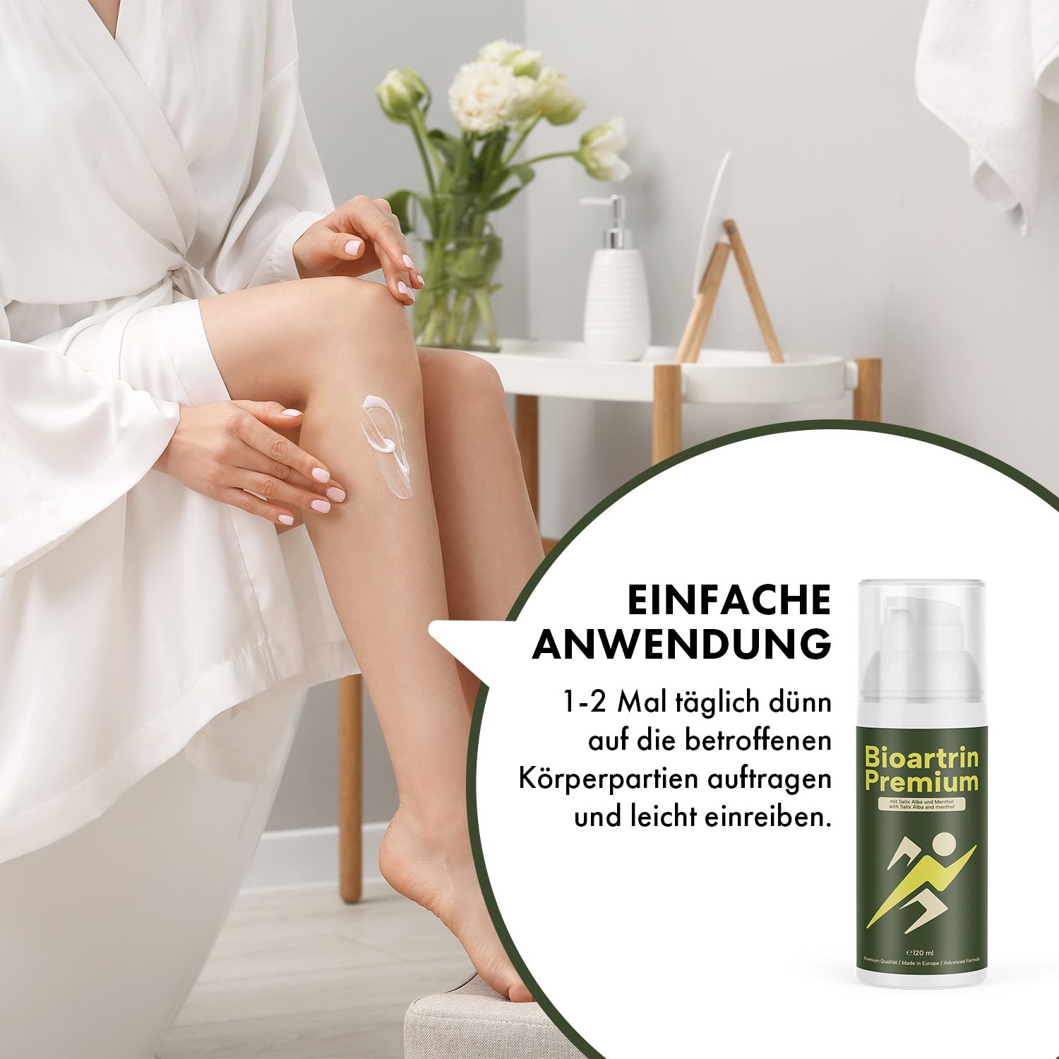 Person trägt Gel auf Bein auf. Rechts: Grüne Flasche mit weißem Pumpkopf. Aufschrift: Bioartrin Premium. Text: Einfache Anwendung.