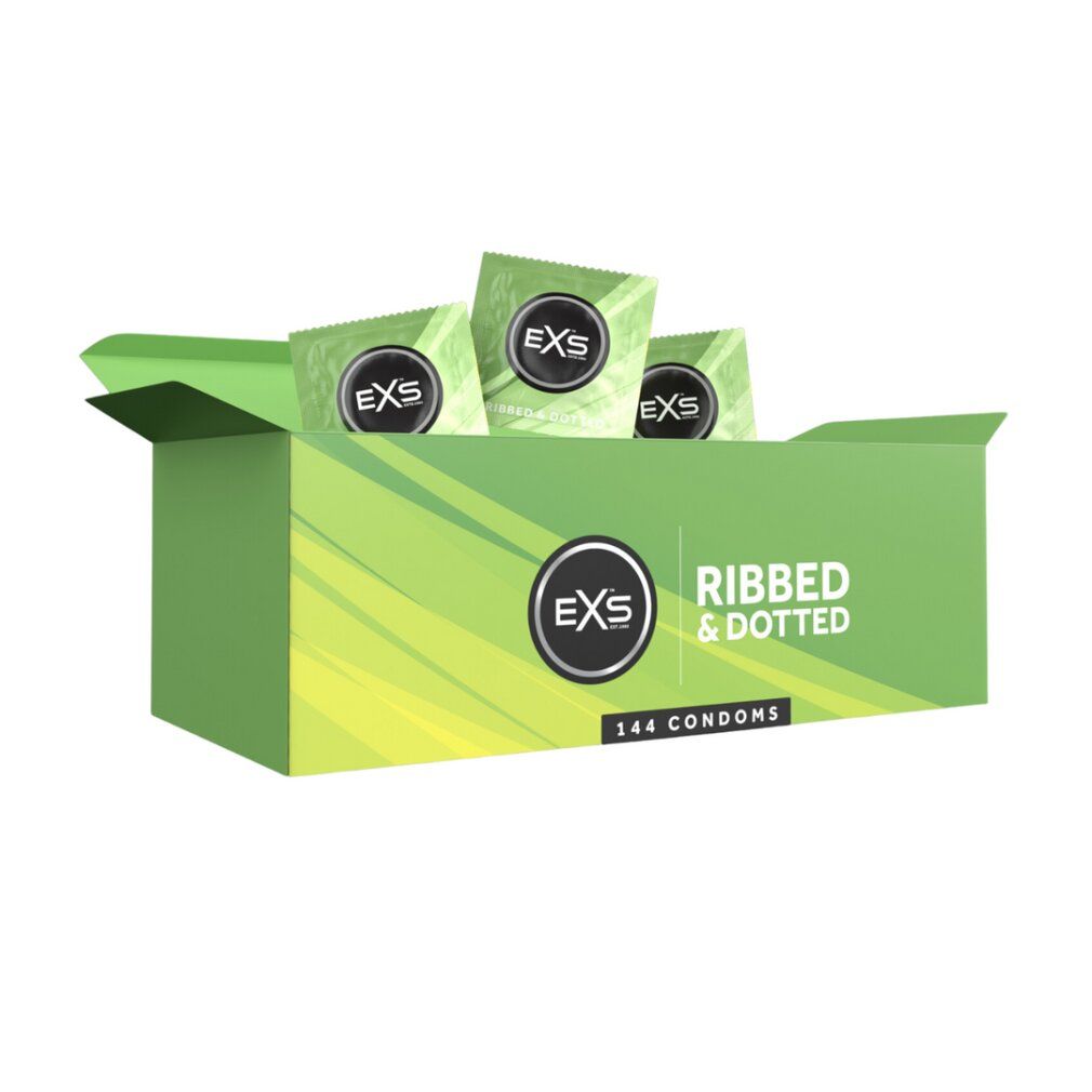 Offene Großpackung mit EXS Ribbed & Dotted Kondomen.