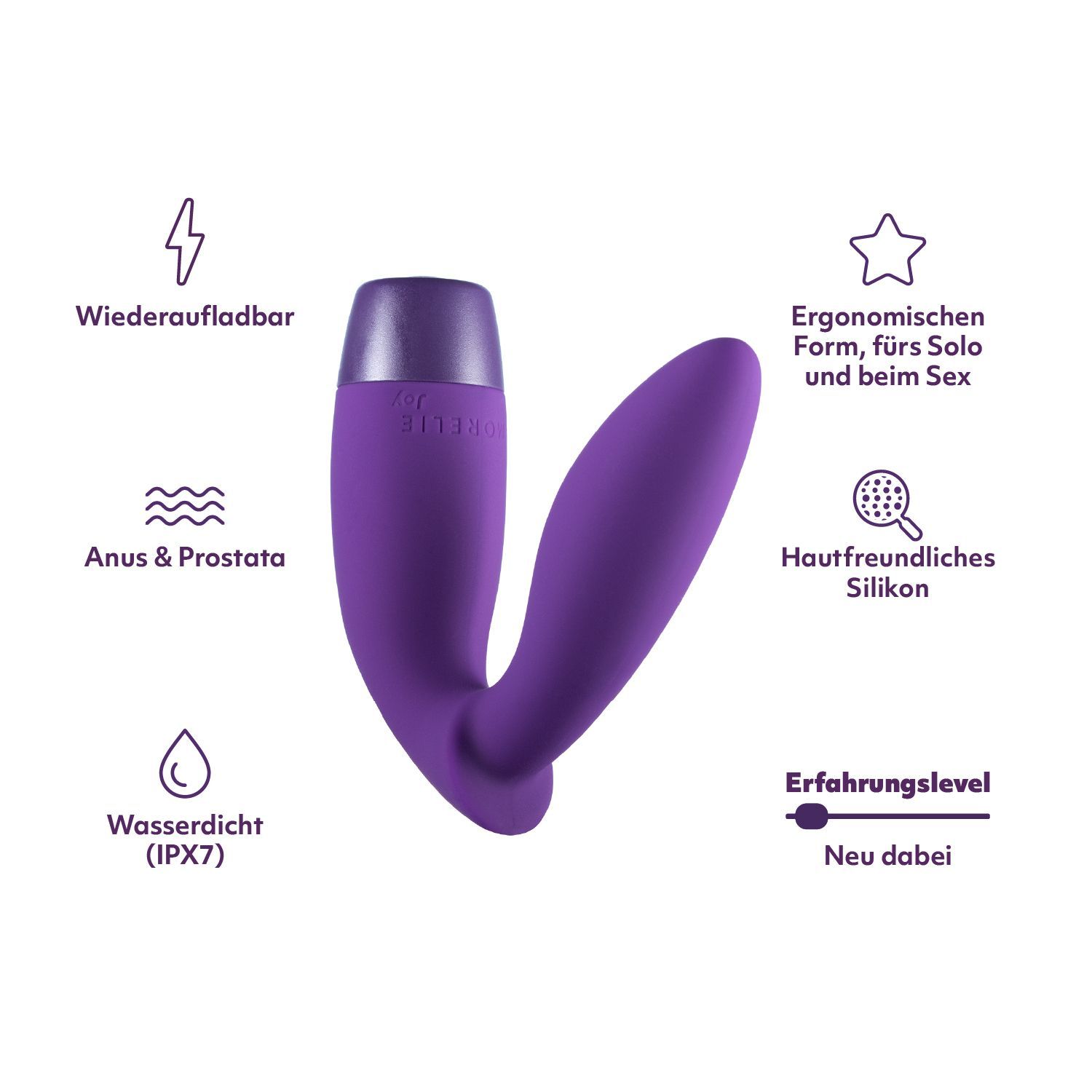 Lila Produkt mit Infografik. Wiederaufladbar, wasserdicht, ergonomische Form, für Solo und Sex.