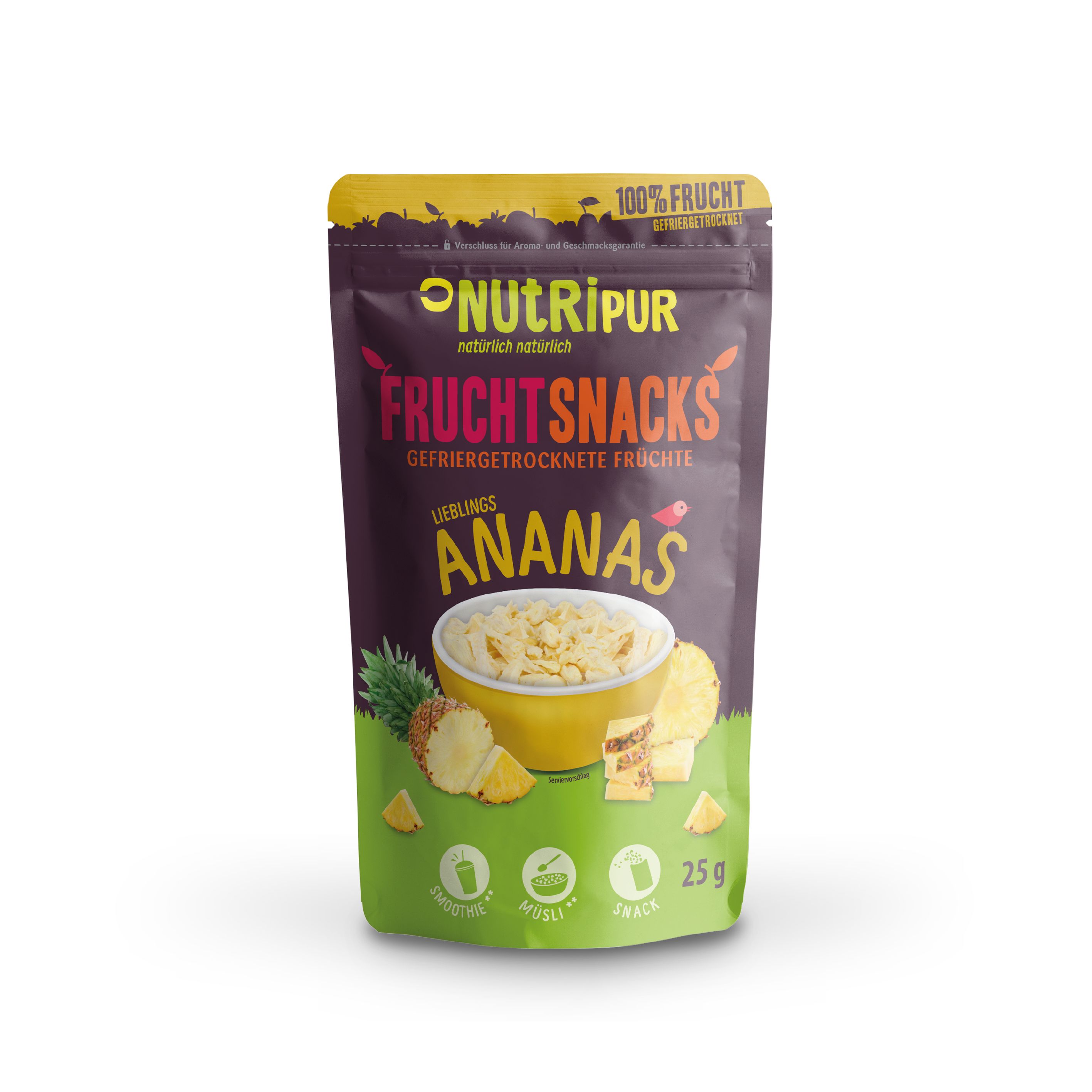Verpackung mit gefriergetrockneten Ananas-Bits. Aufschrift: "NutriPur Fruchtsnacks Ananas". 25g.