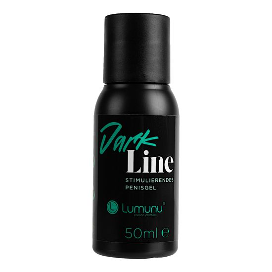 Schwarze Flasche mit Aufschrift "Dark Line". Text: "Stimulierendes Penisgel". Logo: Lumunu. Volumen: 50ml.