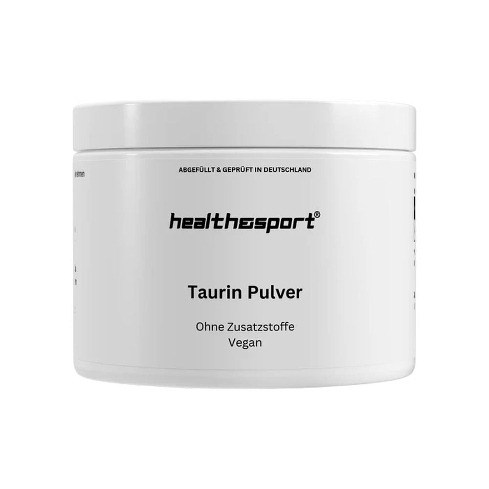 Weißes Behältnis mit schwarzer Schrift. Aufschrift: healthsport, Taurin Pulver, ohne Zusatzstoffe, Vegan.