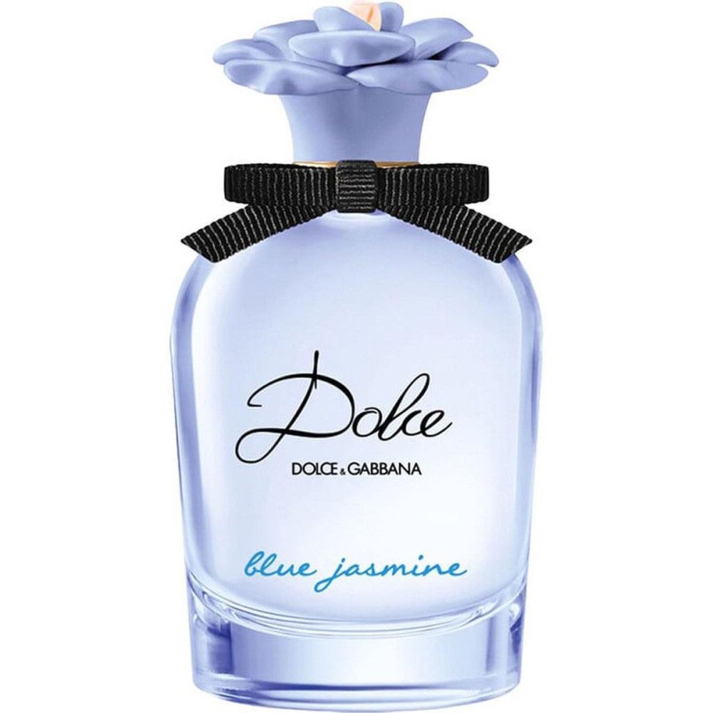Hellblaues Parfümflakon mit schwarzer Schleife und hellblauer Blüte. Aufschrift Dolce und Blue Jasmine.