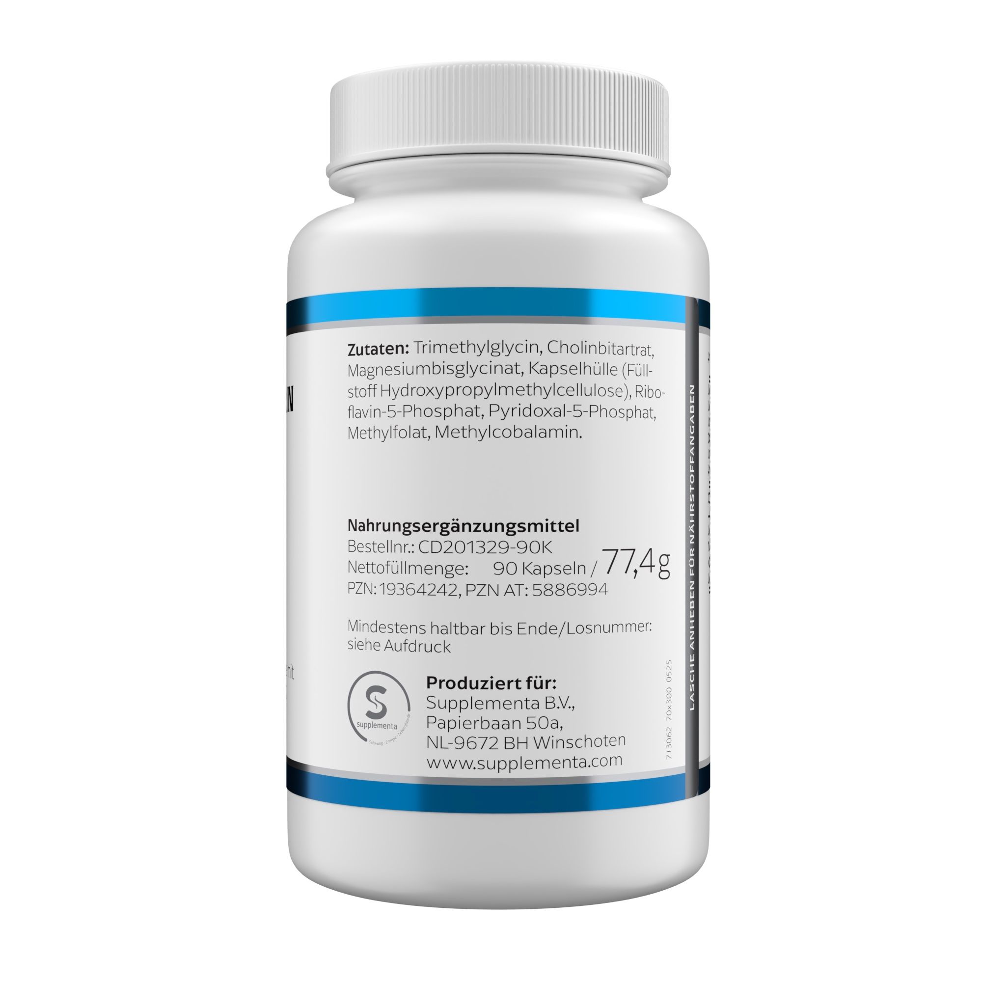 Rückseite der Flasche. Zutatenliste, Nährwertangaben, Herstellerinformationen. 77,4g. PZN-Nummer.