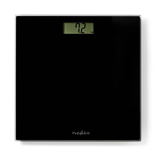 Digitale Personenwaage, schwarz, mit Anzeige von 7,2 kg. Marke: nedis. Aus gehärtetem Glas.