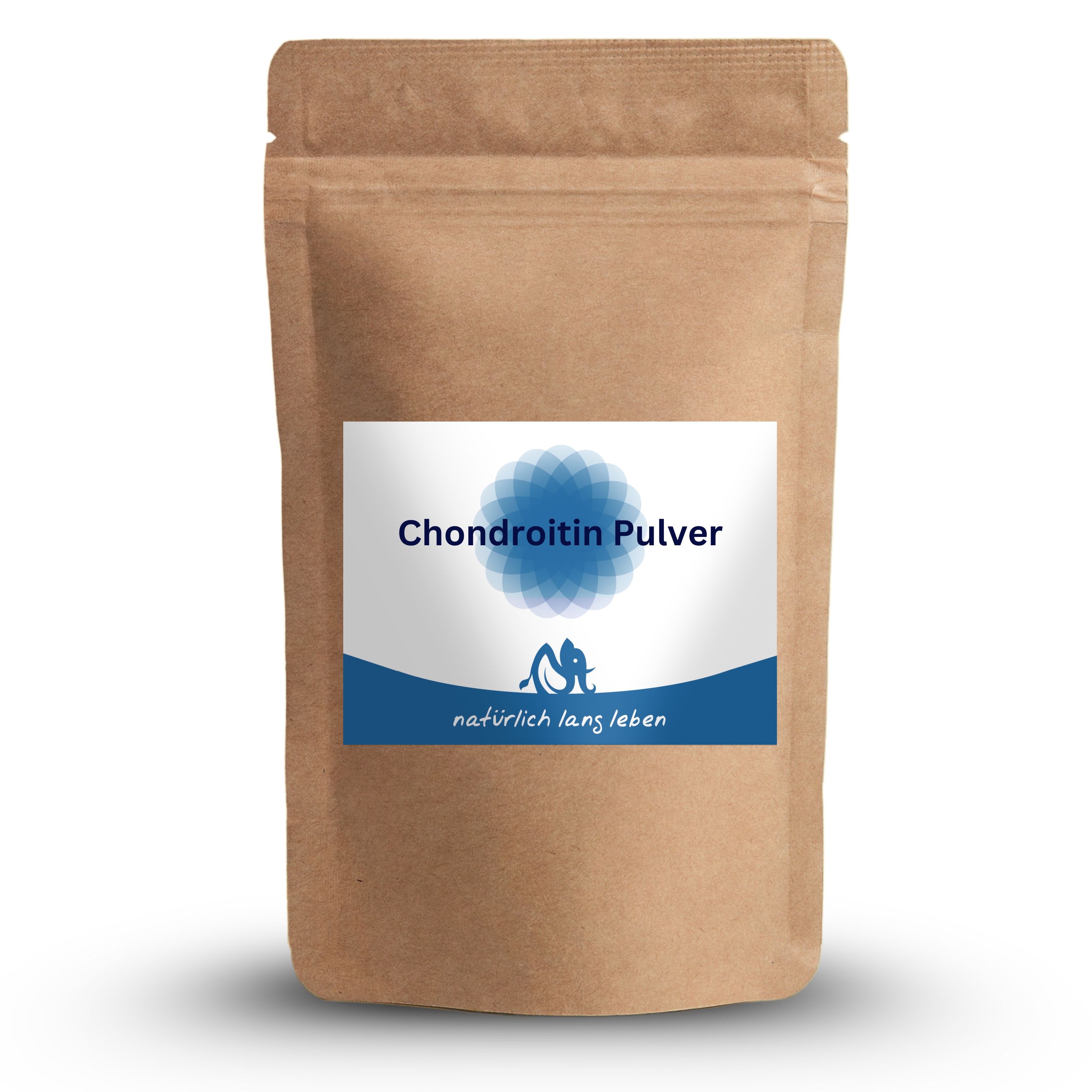 Braune Pulverpackung mit Etikett. Aufschrift: Chondroitin Pulver, natürlich lang leben. Blaues Logo.