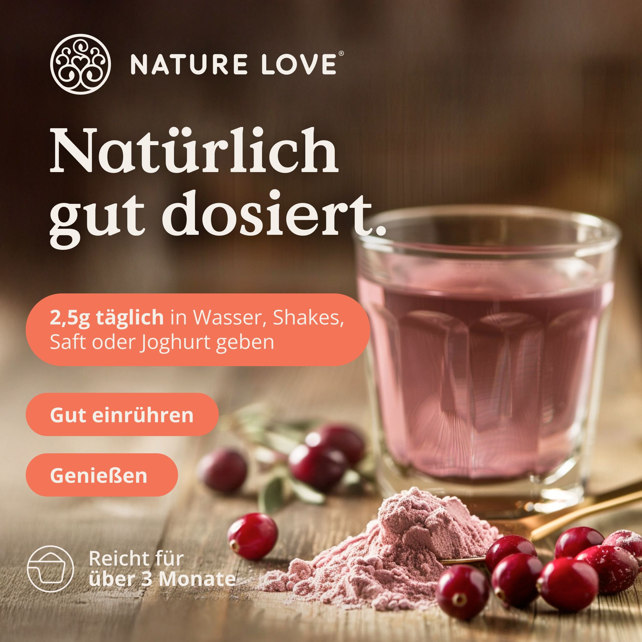 NATURE LOVE® D-Mannose Pulver + Cranberry - 250g Pulver - 100 Tage Reichweite - mit Dosierlöffel
