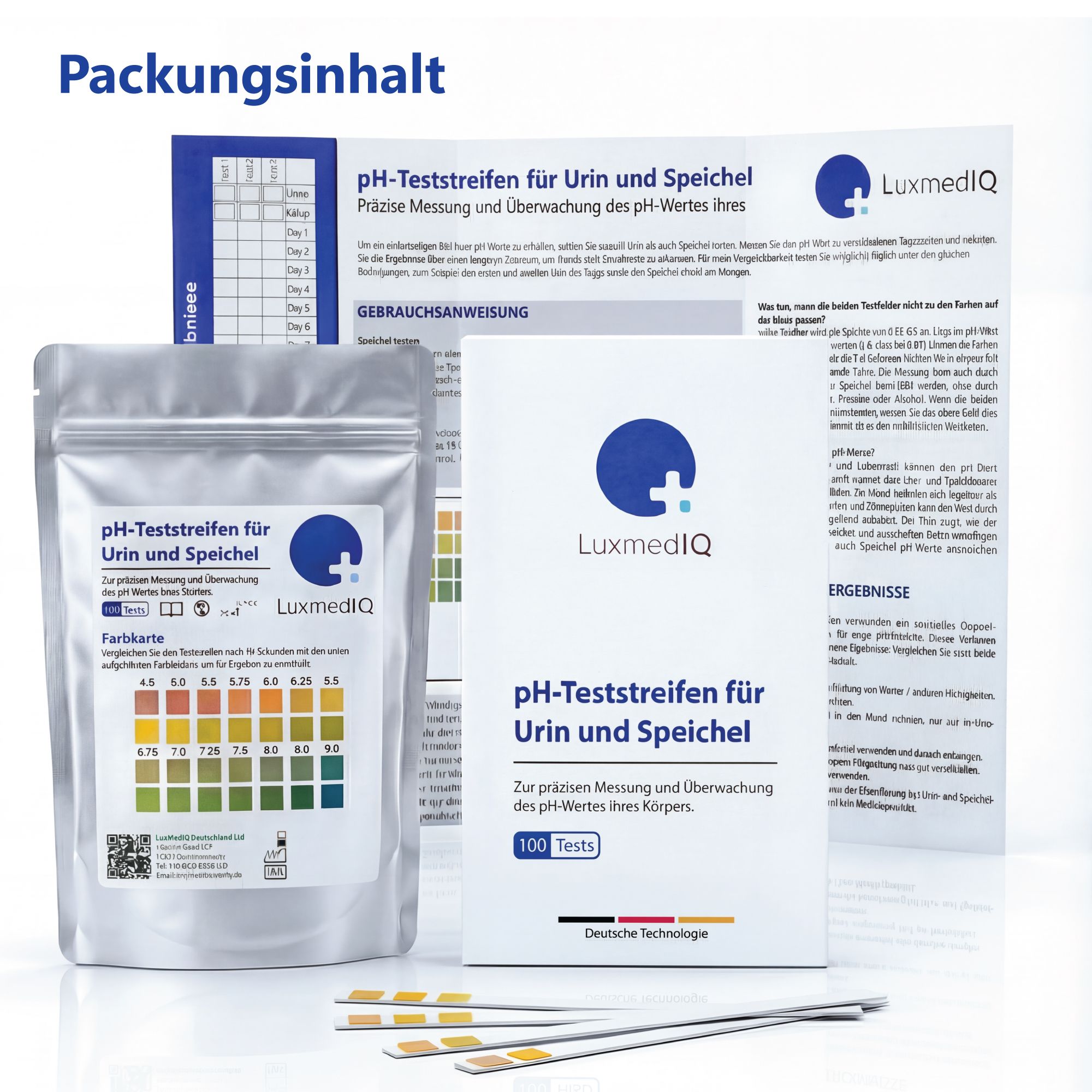 Verpackungsinhalt: pH-Teststreifen, Farbkarten, Gebrauchsanweisung. LuxmedIQ pH-Teststreifen für Urin und Speichel. 100 Tests.
