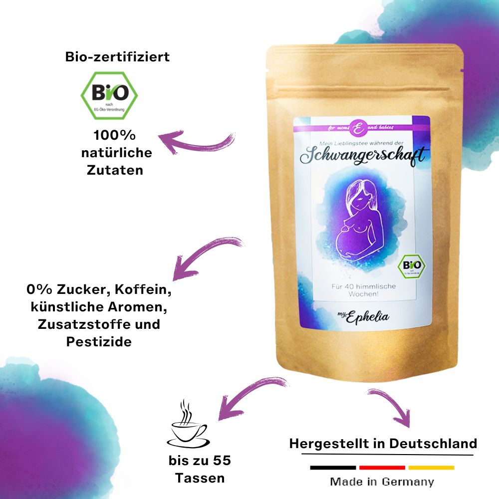Produktverpackung mit Text und Pfeilen. Text: Bio-zertifiziert, 100% natürliche Zutaten, 0% Zucker, Koffein, künstliche Aromen, Zusatzstoffe und Pestizide.
