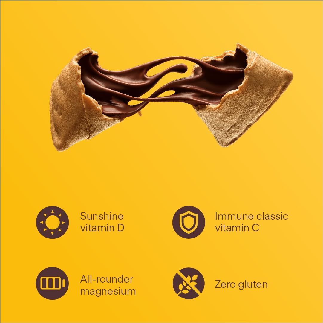 Geöffneter Snack mit Schokoladencreme. Darunter Icons mit Texten: Vitamin D, Vitamin C, Magnesium, Glutenfrei.
