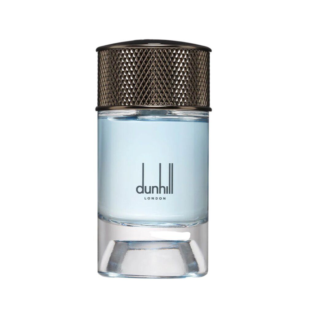 Flakon mit hellblauer Flüssigkeit, silberfarbenem Deckel. Text: Dunhill London, Eau de Parfum Spray.