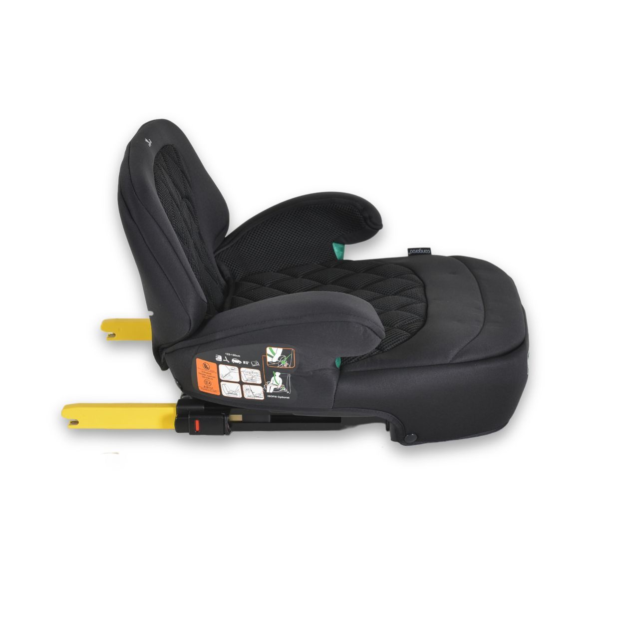Schwarzer Kindersitz-Booster mit gepolsterter Sitzfläche und Armlehnen. Vorderansicht mit "JAX" Logo.
