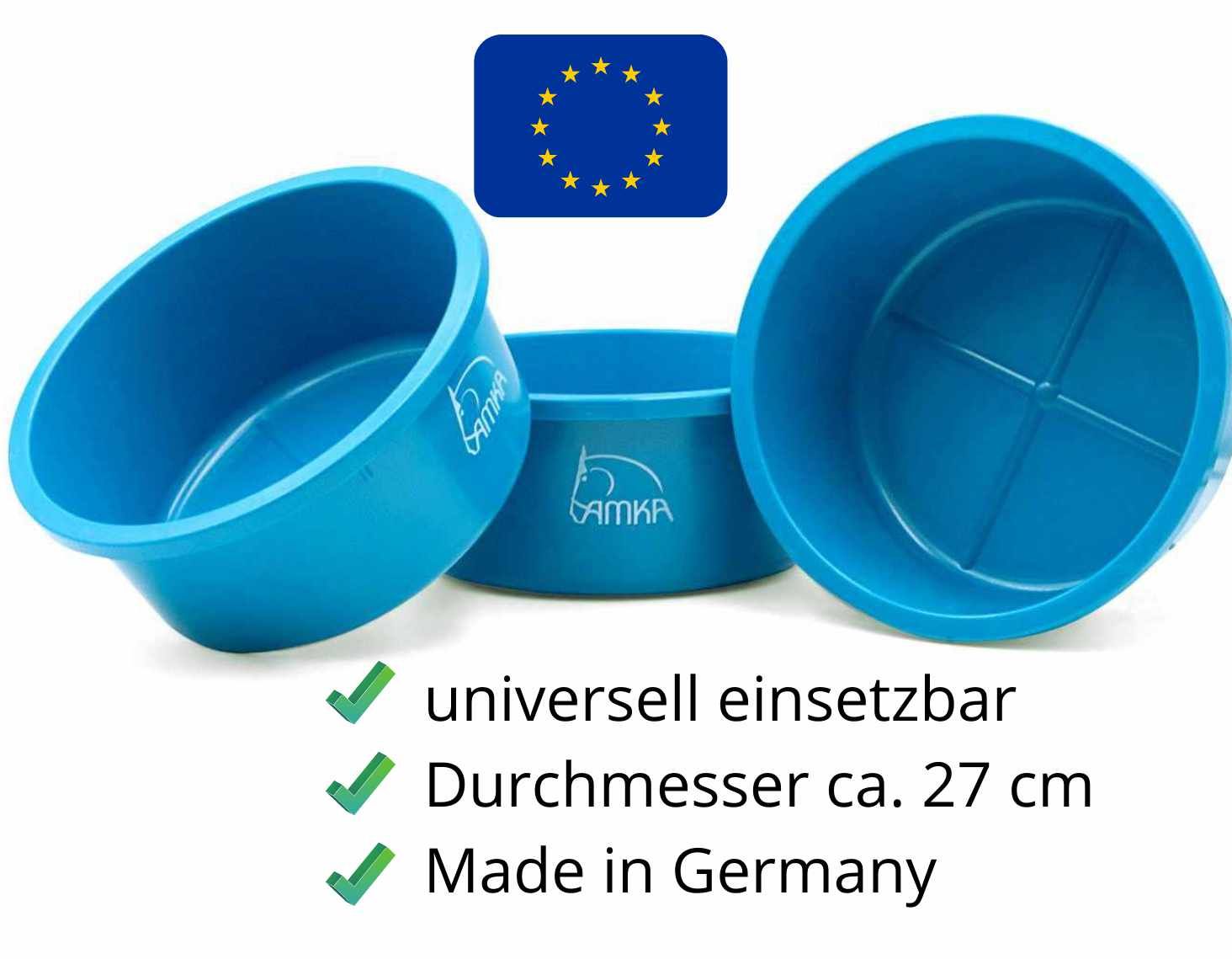 Drei blaue Futterschalen. Logo AMKA. EU-Flagge. Text: universell einsetzbar, Durchmesser ca. 27 cm, Made in Germany.