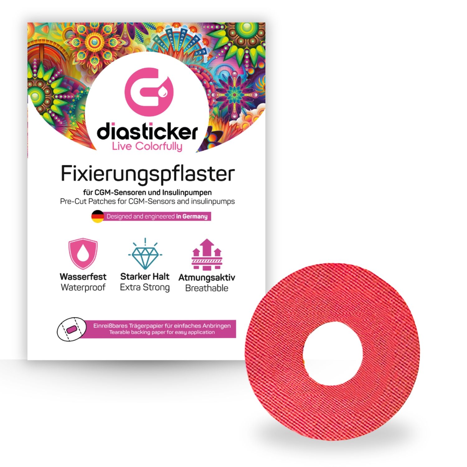 Rotes Diasticker® Fixierpflaster mit Loch. Verpackung mit Logo und Produktinformationen. Wasserfest, starker Halt, atmungsaktiv.