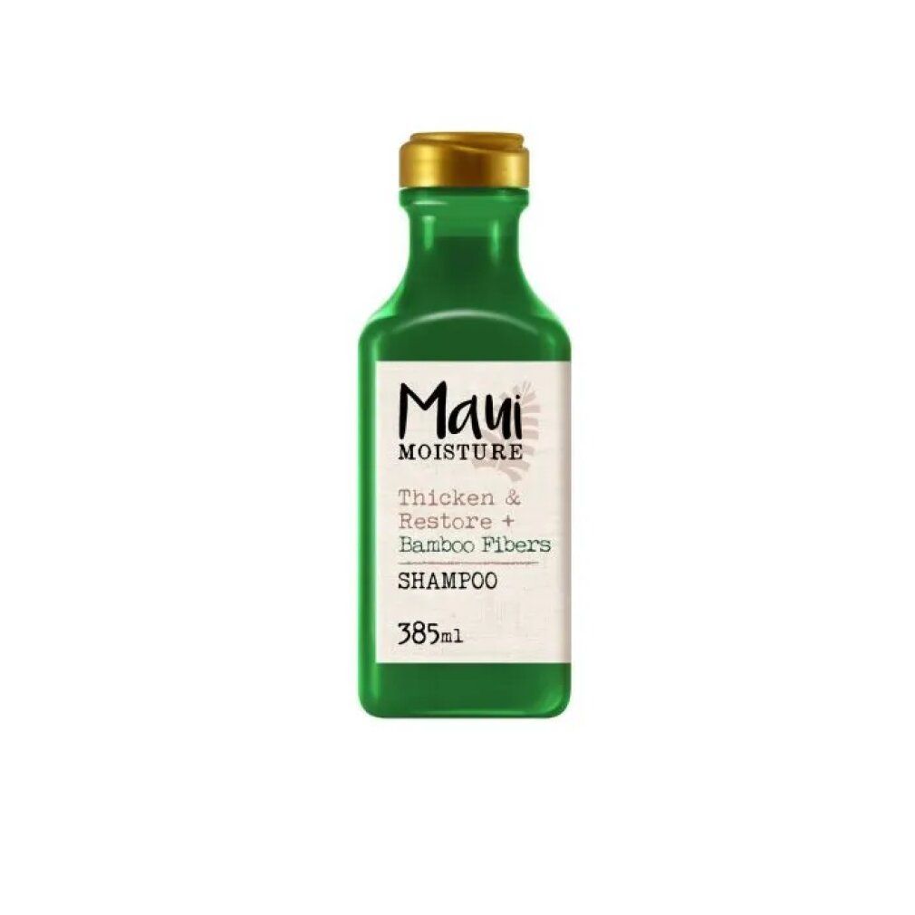 Grüne Shampoo-Flasche mit goldfarbenem Deckel. Etikett mit Produktnamen und Inhaltsstoffen. Volumen: 385 ml.