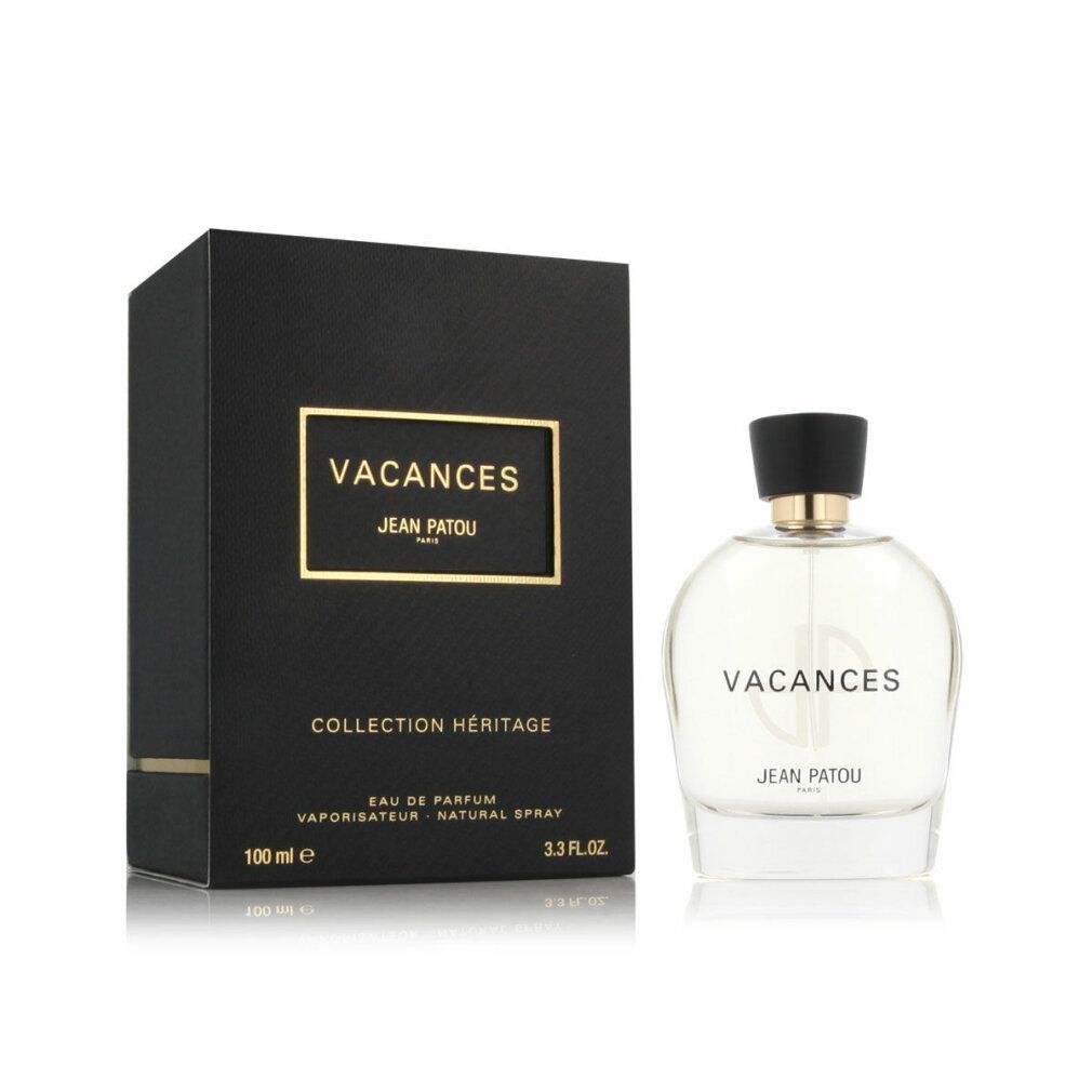 Parfümflakon neben schwarzer Schachtel. Aufschrift: Vacances, Jean Patou, Collection Héritage.
