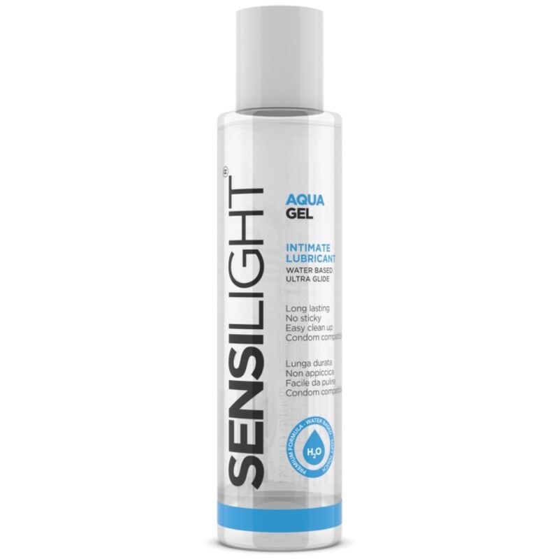 Zylindrische Flasche mit weißem Deckel. Aufschrift: SENSILIGHT, AQUA GEL, Intimate Lubricant. Wasserbasiert.