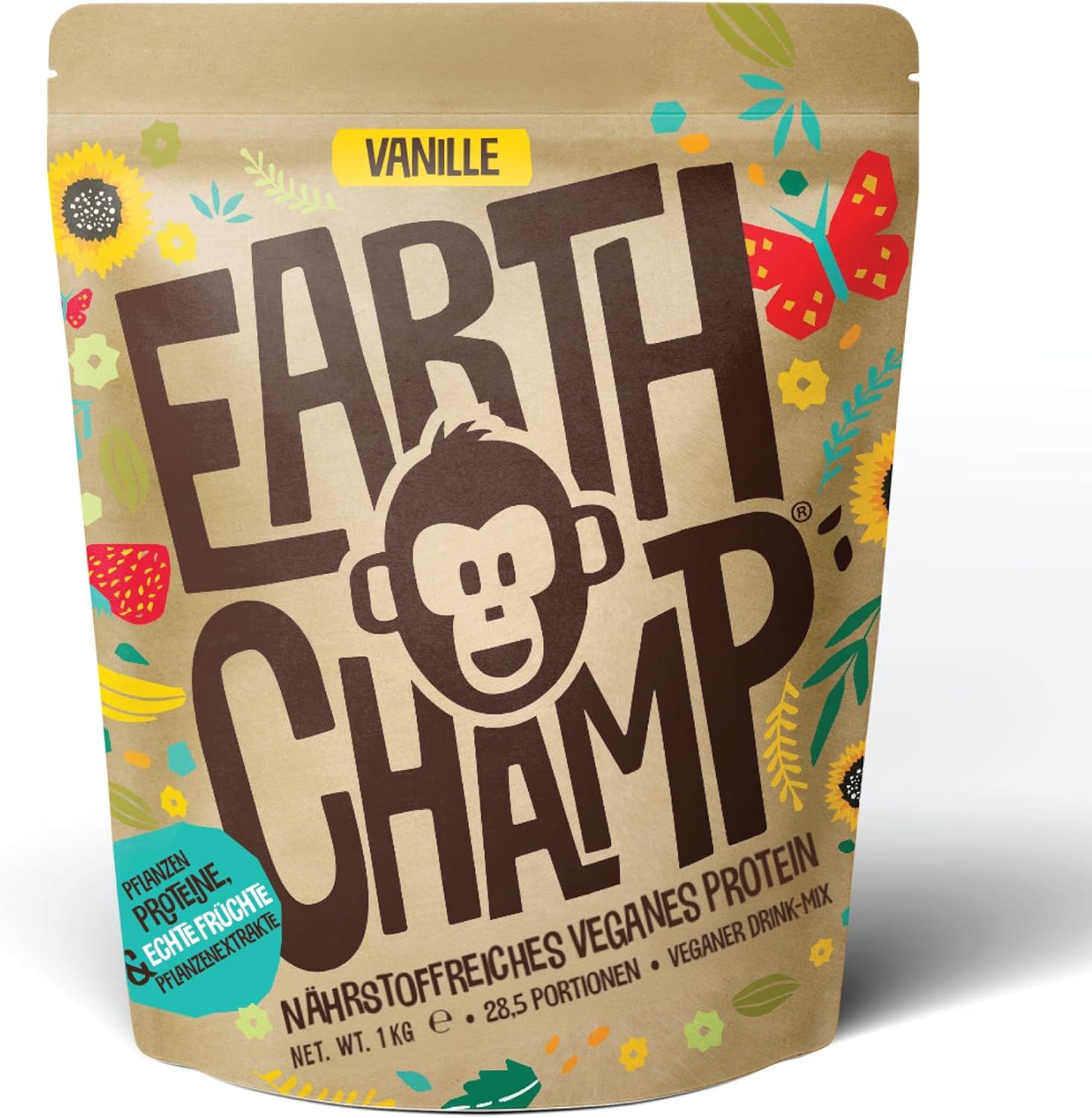 Beutel mit Aufdruck. Text: Earth Champ, Vanille, nährstoffreiches veganes Protein, veganer Drink-Mix, 1 kg, 28,5 Portionen.