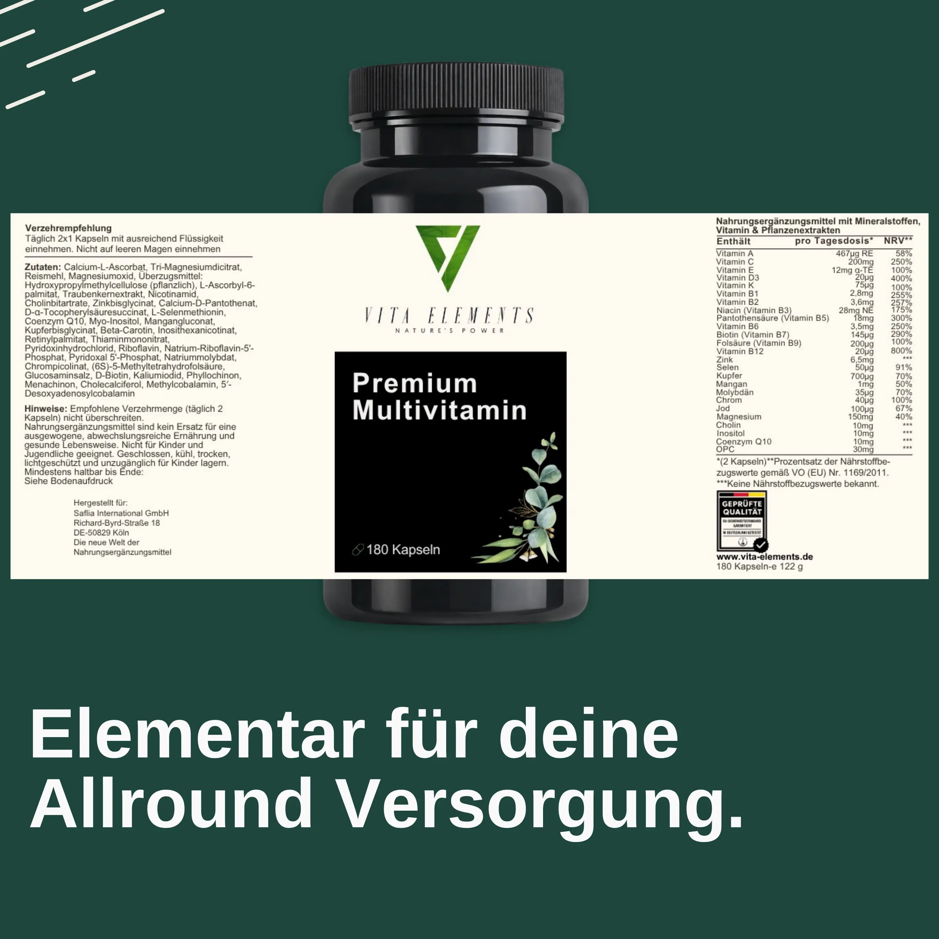 Rückseite der Vita Elements Premium Multivitamin Dose mit Nährwertangaben und Siegel.