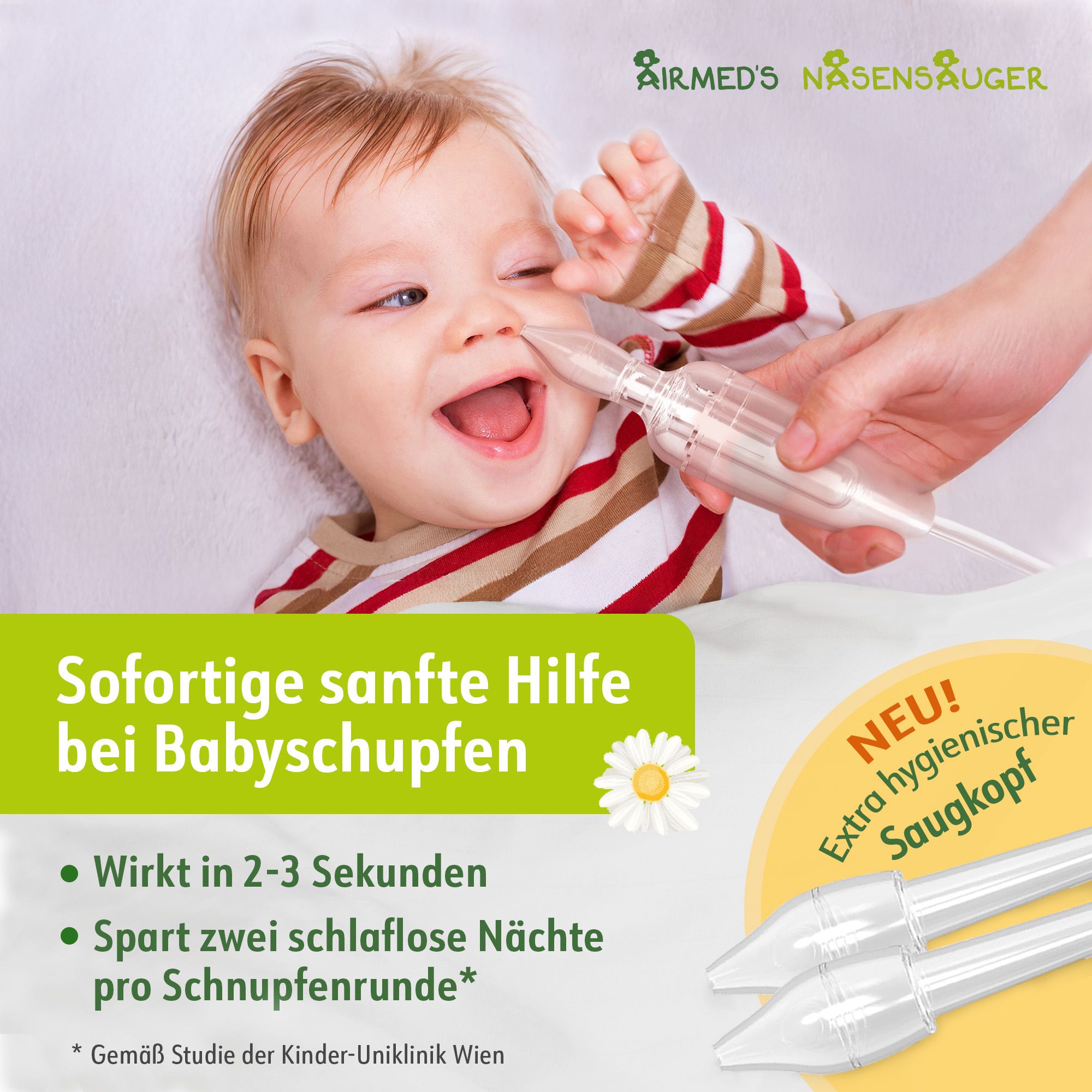 Airmed's Nasensauger. Transparent Nasensauger wird an Baby angewendet. Text: Sofortige sanfte Hilfe bei Babyschnupfen. Extra hygienischer Saukopf.