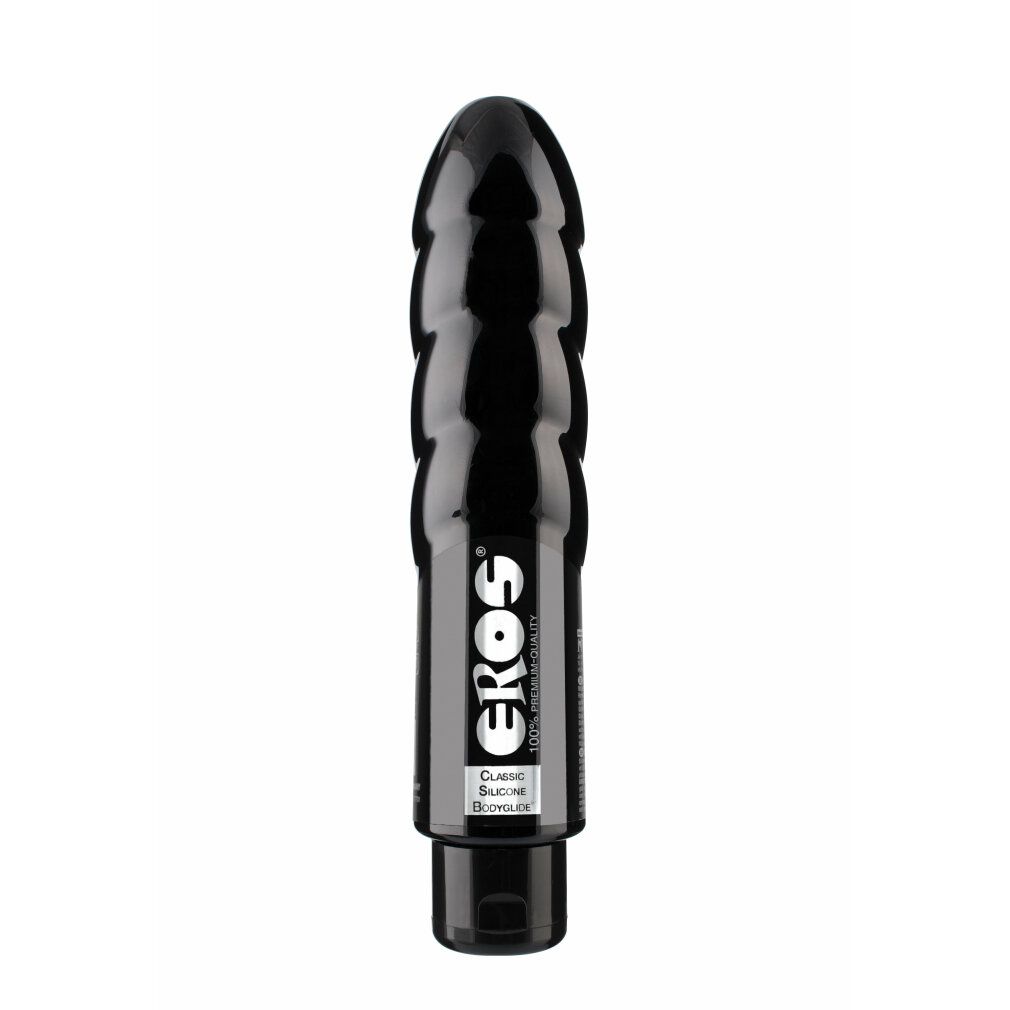 Schwarzes Produkt mit geriffelter Oberfläche. Aufschrift "Eros", "Classic Silicone Bodyglide".