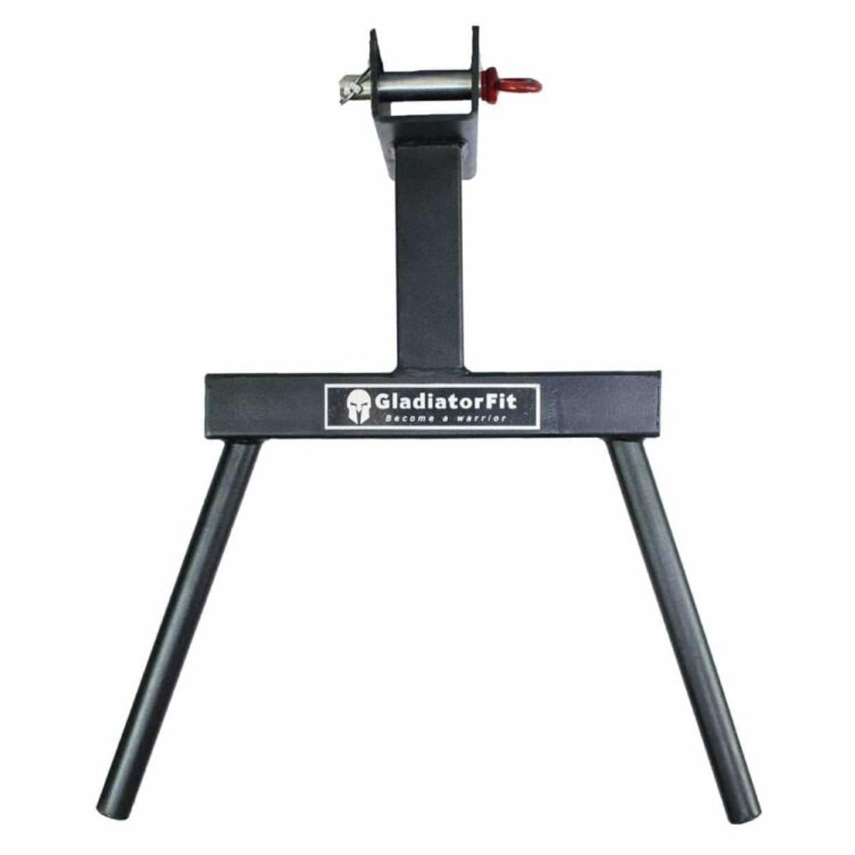 Schwarzer Dip-Ständer aus Stahl. Zwei schräge Beine, ein horizontaler Balken mit Logo und ein vertikaler Träger mit rotem Element.