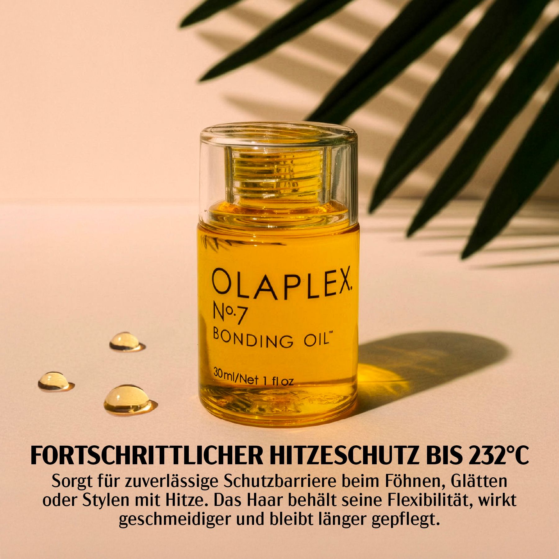 Gelbes Haaröl in einer Flasche. Aufschrift: OLAPLEX Nr.7 Bonding Oil. Mit Text und Öltropfen.