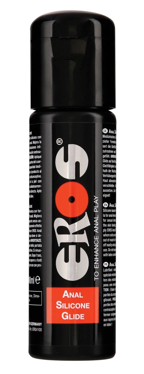 Schwarze Flasche mit EROS Anal Silicone Glide Aufschrift.